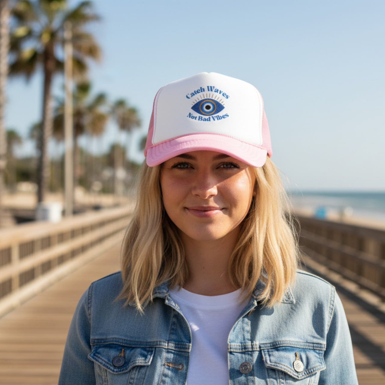 Embroidered Catch Waves Not Bad Vibes Trucker Hat | Evil Eye Coastal Hat product thumbnail image Embroidered Catch Waves Not Bad Vibes Trucker Hat | Evil Eye Coastal Hat product thumbnail image