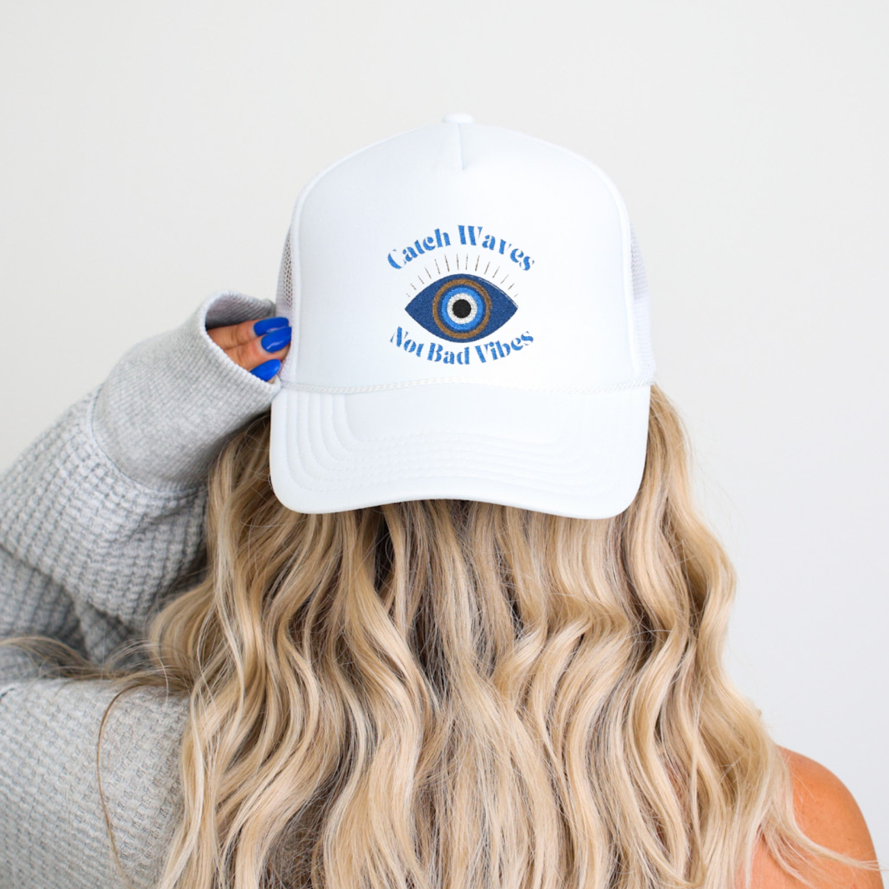 Embroidered Catch Waves Not Bad Vibes Trucker Hat | Evil Eye Coastal Hat product thumbnail image Embroidered Catch Waves Not Bad Vibes Trucker Hat | Evil Eye Coastal Hat product thumbnail image