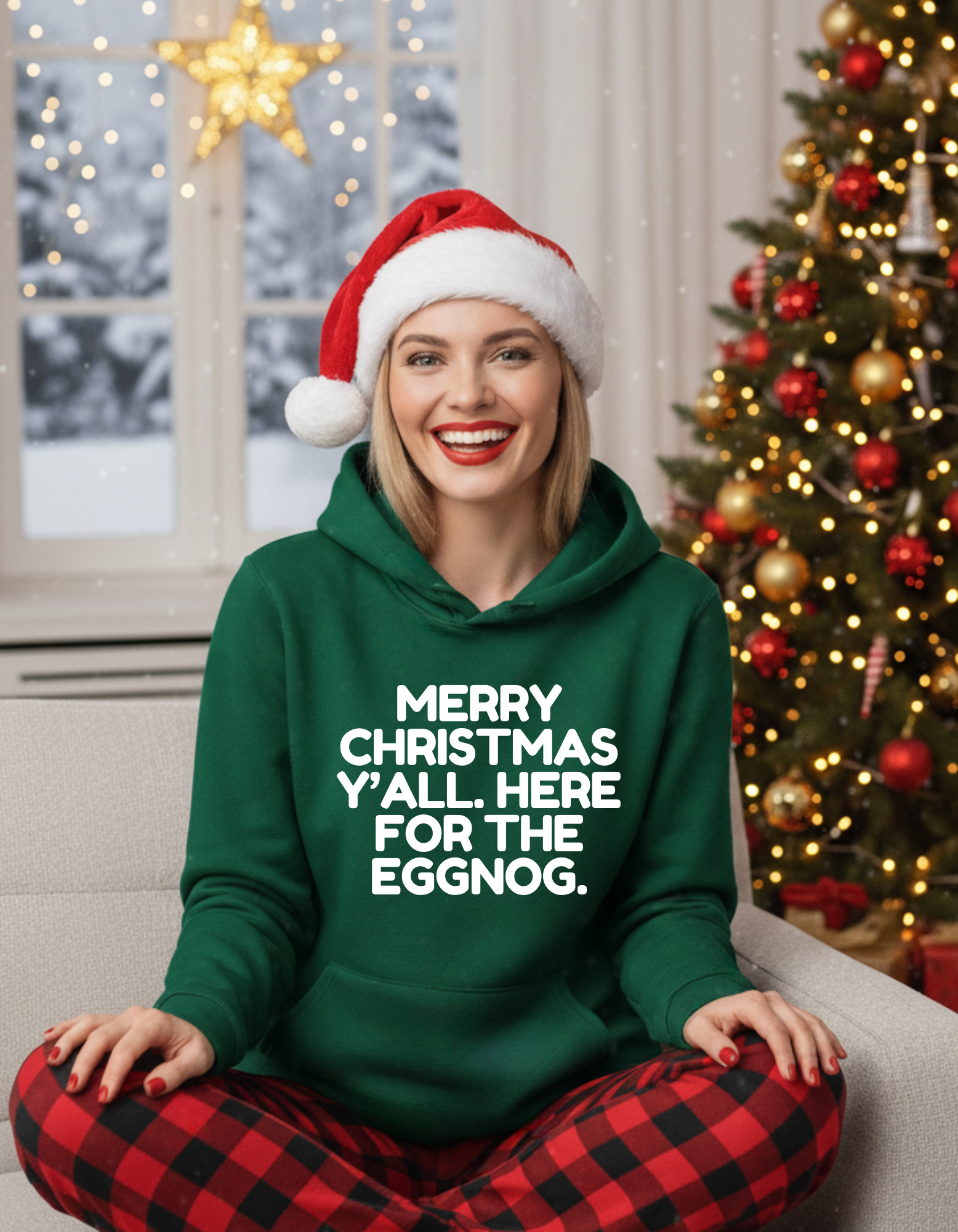 Christmas Hoodie — “Merry Christmas Y’all, Here for the Eggnog” Holiday Sweatshirt product thumbnail image Christmas Hoodie — “Merry Christmas Y’all, Here for the Eggnog” Holiday Sweatshirt product thumbnail image