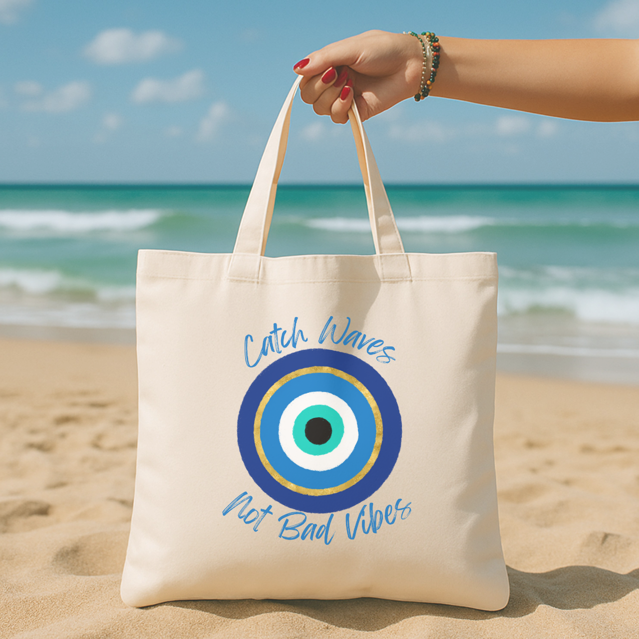 Catch Waves Not Bad Vibes Tote Bag | Evil Eye Beach Bag | Coastal Boho Tote | Summer Vibes Canvas Bag | Good Vibes Beach Tote product thumbnail image Catch Waves Not Bad Vibes Tote Bag | Evil Eye Beach Bag | Coastal Boho Tote | Summer Vibes Canvas Bag | Good Vibes Beach Tote product thumbnail image