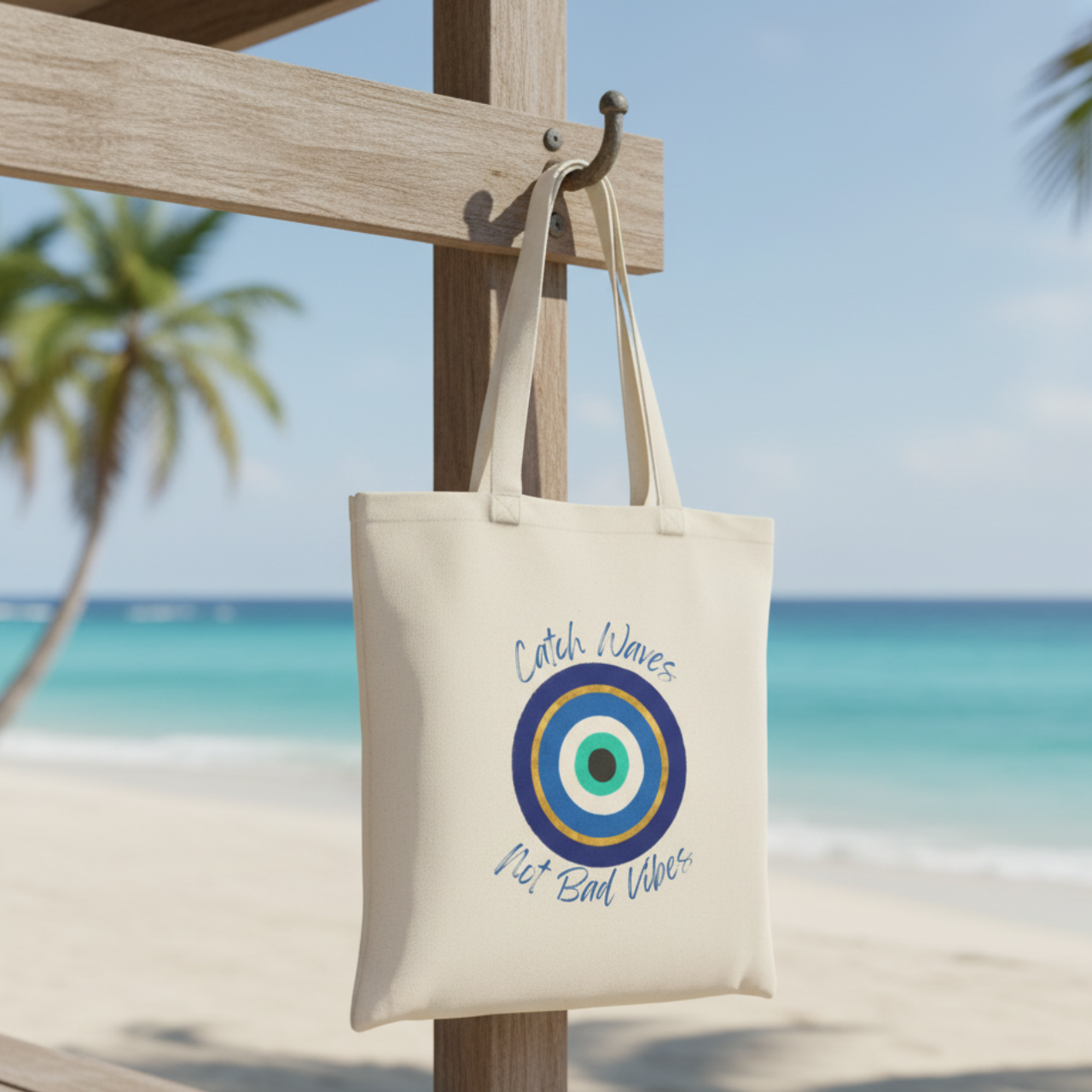 Catch Waves Not Bad Vibes Tote Bag | Evil Eye Beach Bag | Coastal Boho Tote | Summer Vibes Canvas Bag | Good Vibes Beach Tote product thumbnail image Catch Waves Not Bad Vibes Tote Bag | Evil Eye Beach Bag | Coastal Boho Tote | Summer Vibes Canvas Bag | Good Vibes Beach Tote product thumbnail image