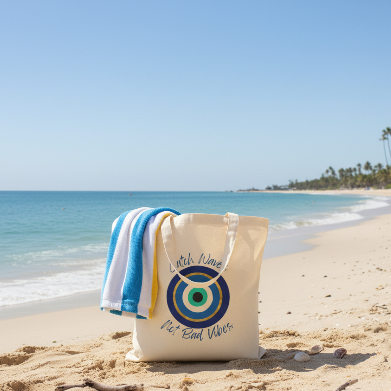 Catch Waves Not Bad Vibes Tote Bag | Evil Eye Beach Bag | Coastal Boho Tote | Summer Vibes Canvas Bag | Good Vibes Beach Tote product thumbnail image Catch Waves Not Bad Vibes Tote Bag | Evil Eye Beach Bag | Coastal Boho Tote | Summer Vibes Canvas Bag | Good Vibes Beach Tote product thumbnail image