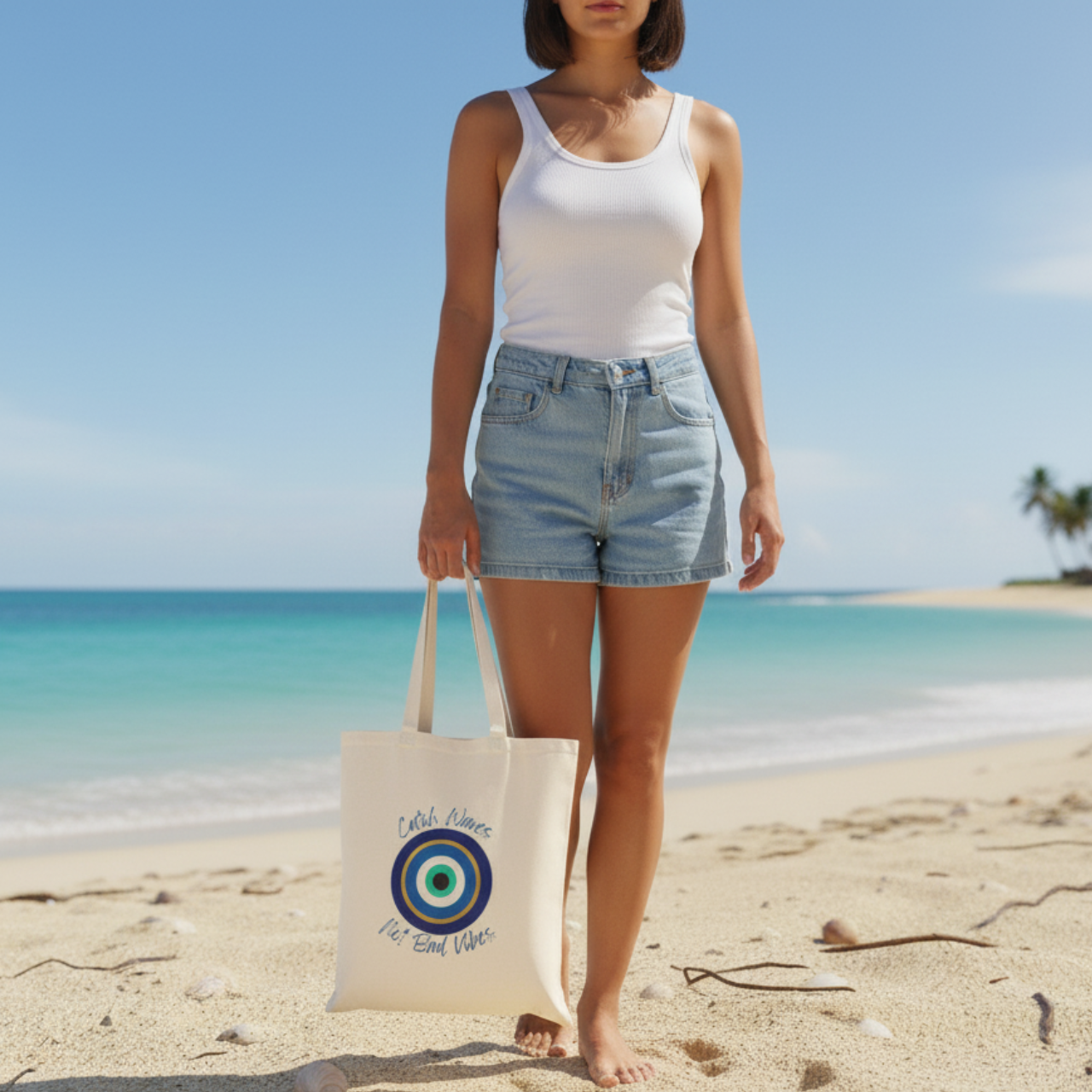 Catch Waves Not Bad Vibes Tote Bag | Evil Eye Beach Bag | Coastal Boho Tote | Summer Vibes Canvas Bag | Good Vibes Beach Tote product thumbnail image Catch Waves Not Bad Vibes Tote Bag | Evil Eye Beach Bag | Coastal Boho Tote | Summer Vibes Canvas Bag | Good Vibes Beach Tote product thumbnail image