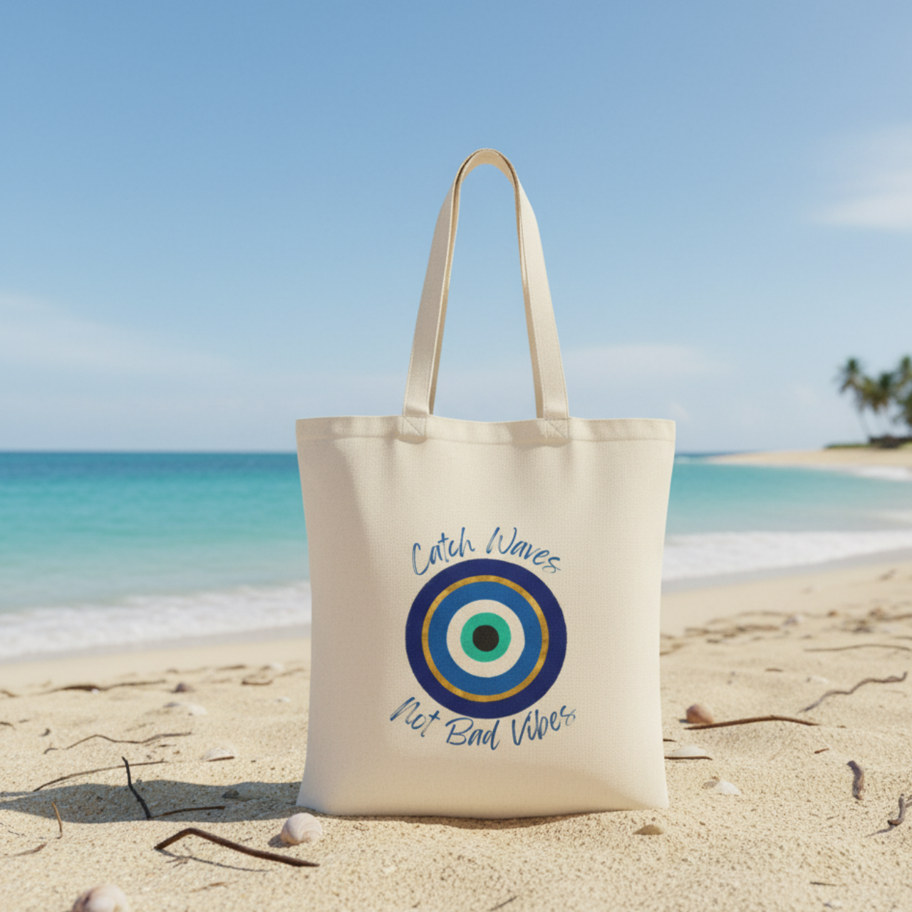 Catch Waves Not Bad Vibes Tote Bag | Evil Eye Beach Bag | Coastal Boho Tote | Summer Vibes Canvas Bag | Good Vibes Beach Tote product thumbnail image Catch Waves Not Bad Vibes Tote Bag | Evil Eye Beach Bag | Coastal Boho Tote | Summer Vibes Canvas Bag | Good Vibes Beach Tote product thumbnail image