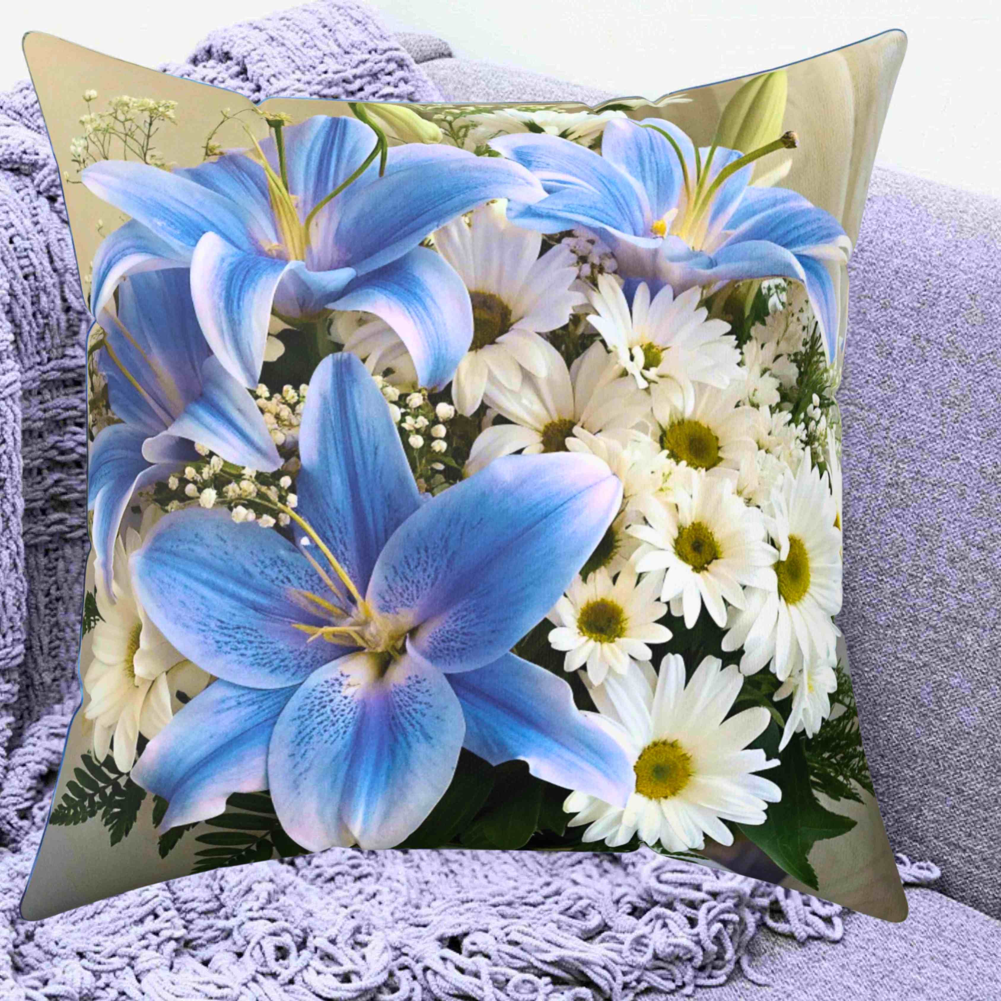 Blue Stargazers and White Daisy Bouquet Pillow | Floral Decorative Throw Pillow product thumbnail image