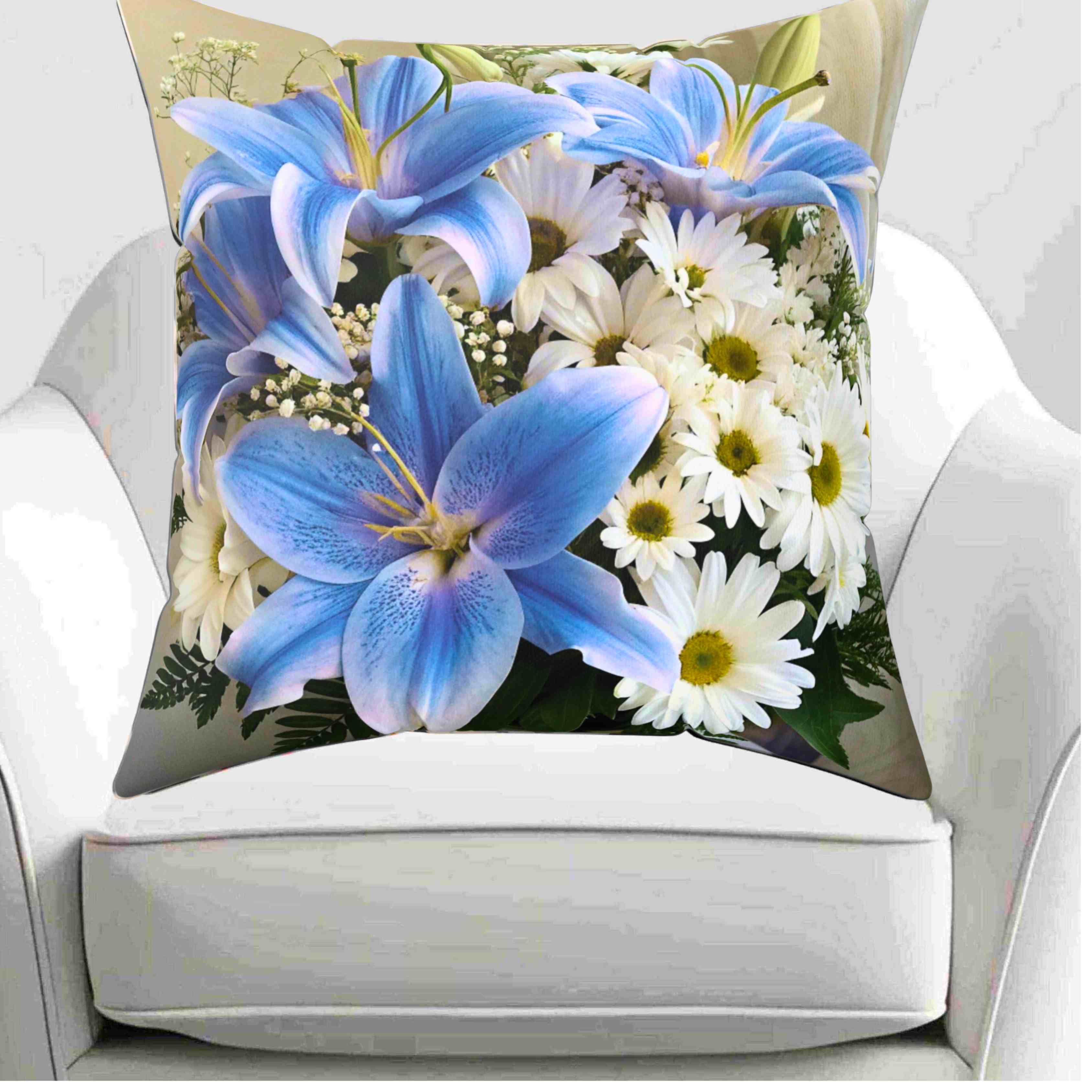 Blue Stargazers and White Daisy Bouquet Pillow | Floral Decorative Throw Pillow product thumbnail image