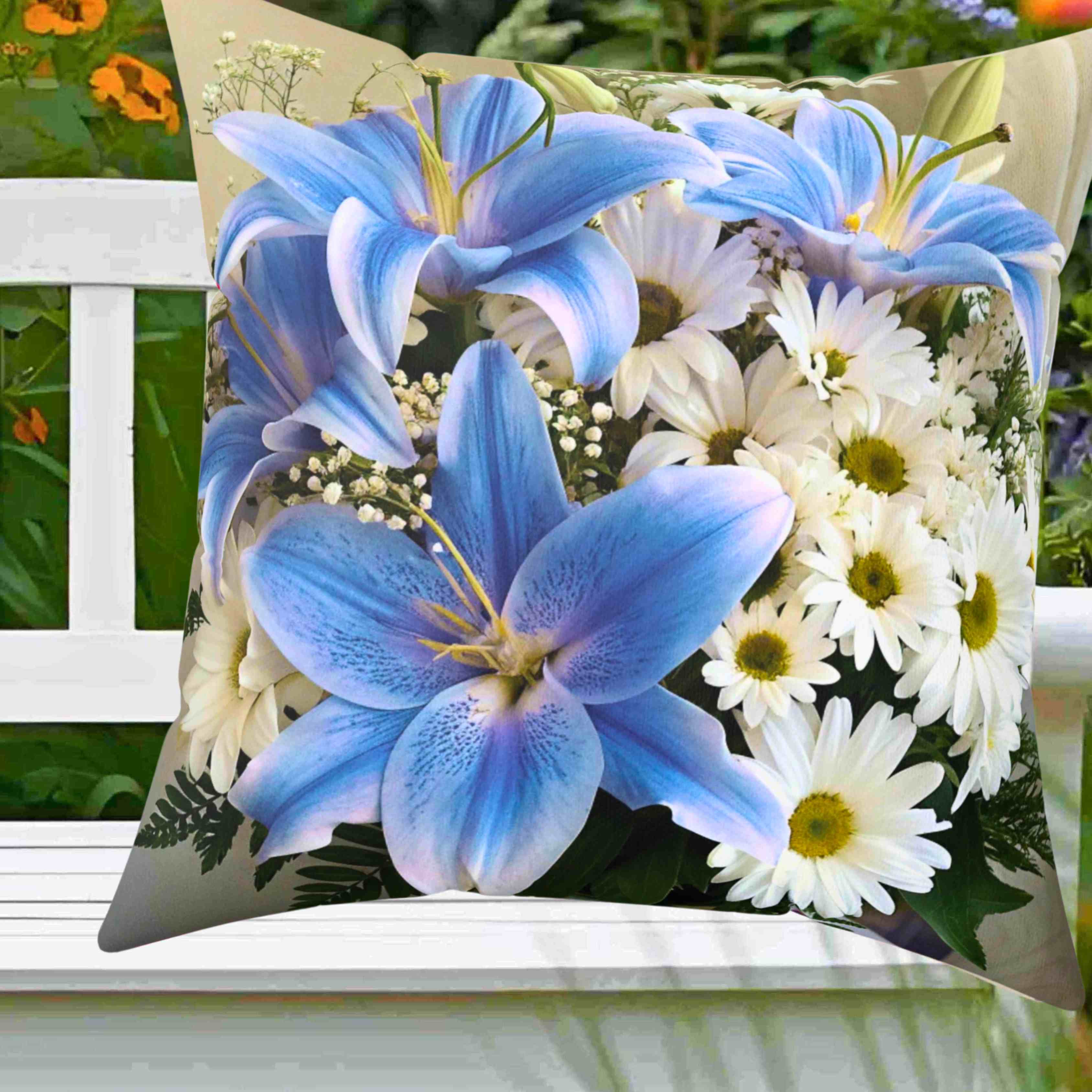 Blue Stargazers and White Daisy Bouquet Pillow | Floral Decorative Throw Pillow product thumbnail image