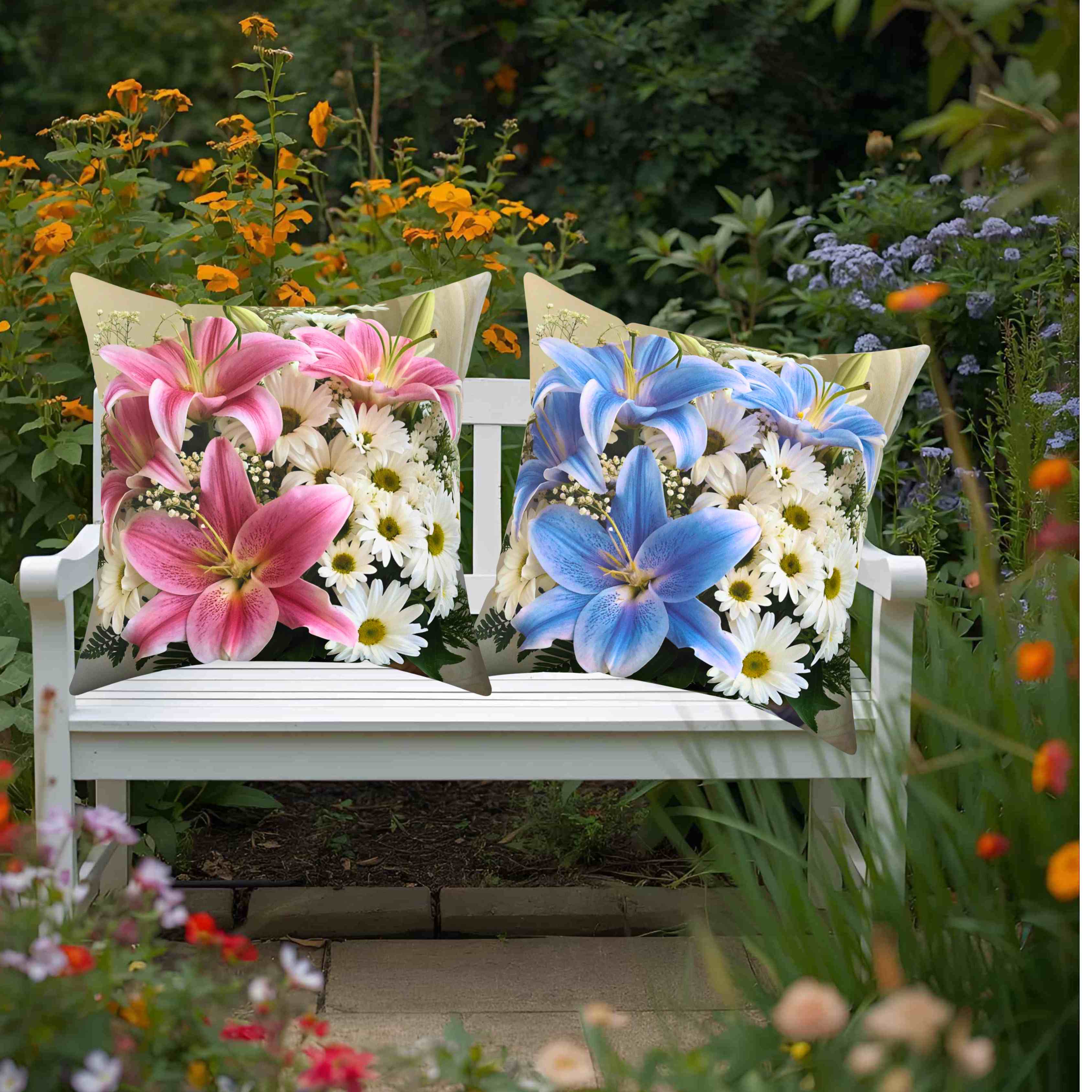 Blue Stargazers and White Daisy Bouquet Pillow | Floral Decorative Throw Pillow product thumbnail image