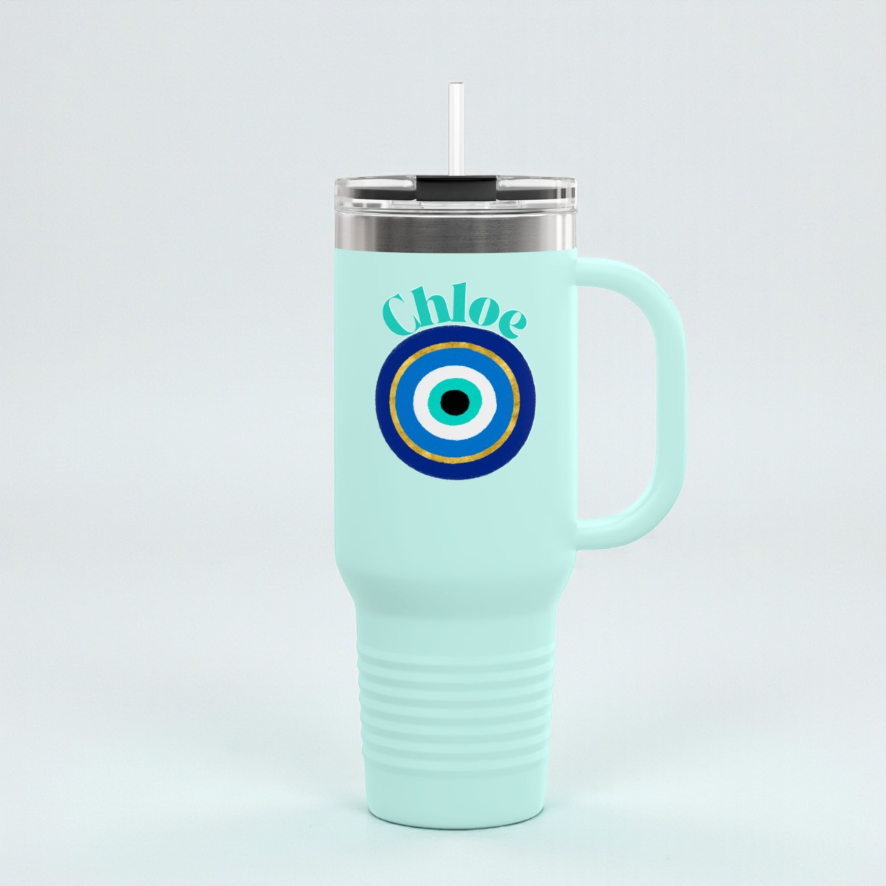 Personalized Evil Eye Tumbler with Handle & Straw | Custom Name Protection Cup | 40oz Stainless Steel Travel Mug | Coastal Boho Drinkware product thumbnail image Personalized Evil Eye Tumbler with Handle & Straw | Custom Name Protection Cup | 40oz Stainless Steel Travel Mug | Coastal Boho Drinkware product thumbnail image