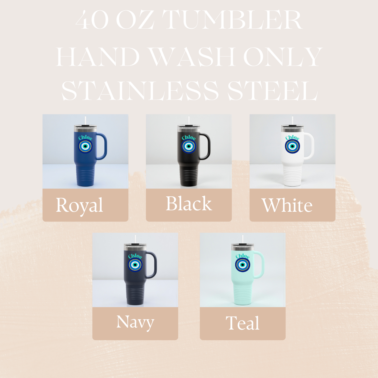 Personalized Evil Eye Tumbler with Handle & Straw | Custom Name Protection Cup | 40oz Stainless Steel Travel Mug | Coastal Boho Drinkware product thumbnail image Personalized Evil Eye Tumbler with Handle & Straw | Custom Name Protection Cup | 40oz Stainless Steel Travel Mug | Coastal Boho Drinkware product thumbnail image