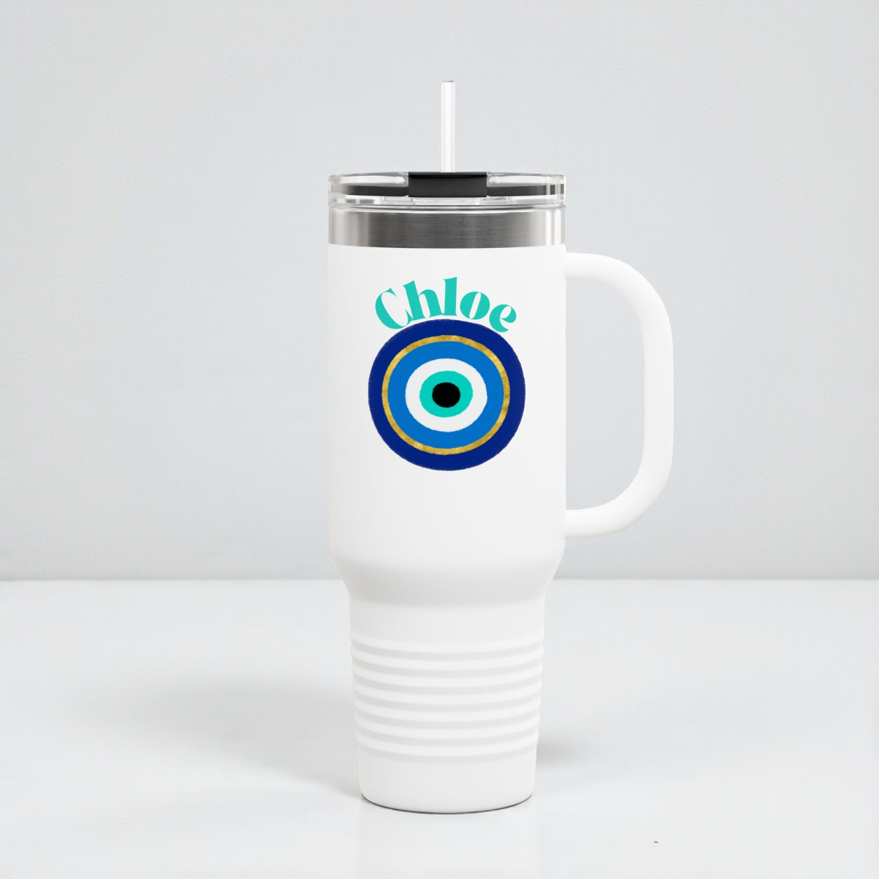 Personalized Evil Eye Tumbler with Handle & Straw | Custom Name Protection Cup | 40oz Stainless Steel Travel Mug | Coastal Boho Drinkware product thumbnail image Personalized Evil Eye Tumbler with Handle & Straw | Custom Name Protection Cup | 40oz Stainless Steel Travel Mug | Coastal Boho Drinkware product thumbnail image