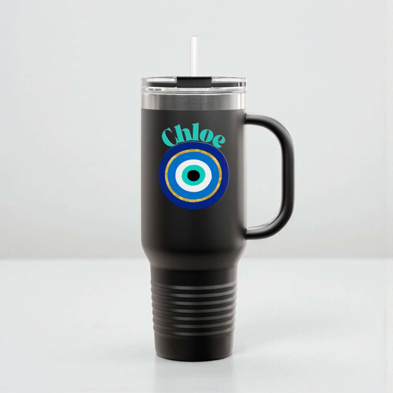 Personalized Evil Eye Tumbler with Handle & Straw | Custom Name Protection Cup | 40oz Stainless Steel Travel Mug | Coastal Boho Drinkware product thumbnail image Personalized Evil Eye Tumbler with Handle & Straw | Custom Name Protection Cup | 40oz Stainless Steel Travel Mug | Coastal Boho Drinkware product thumbnail image