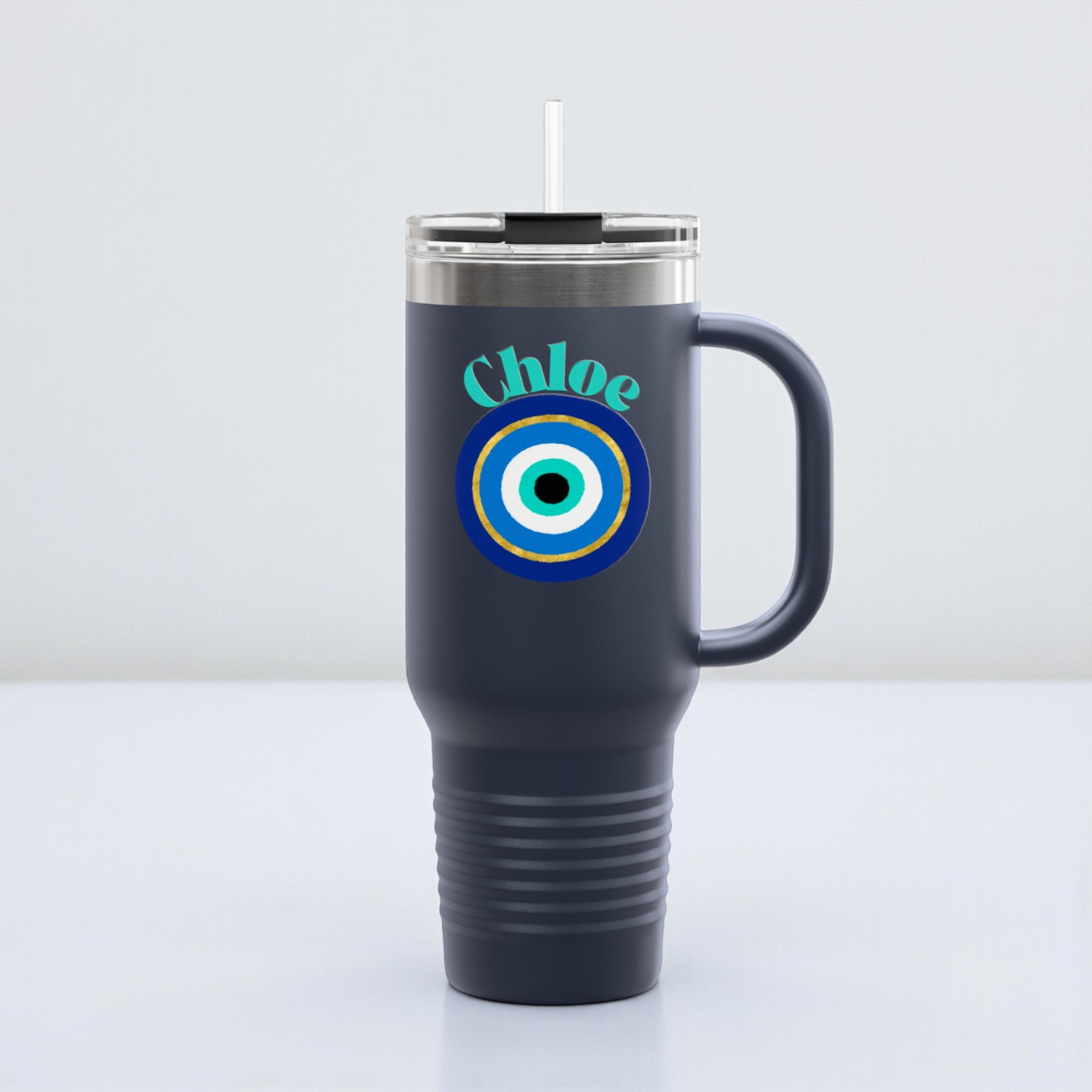 Personalized Evil Eye Tumbler with Handle & Straw | Custom Name Protection Cup | 40oz Stainless Steel Travel Mug | Coastal Boho Drinkware product thumbnail image Personalized Evil Eye Tumbler with Handle & Straw | Custom Name Protection Cup | 40oz Stainless Steel Travel Mug | Coastal Boho Drinkware product thumbnail image