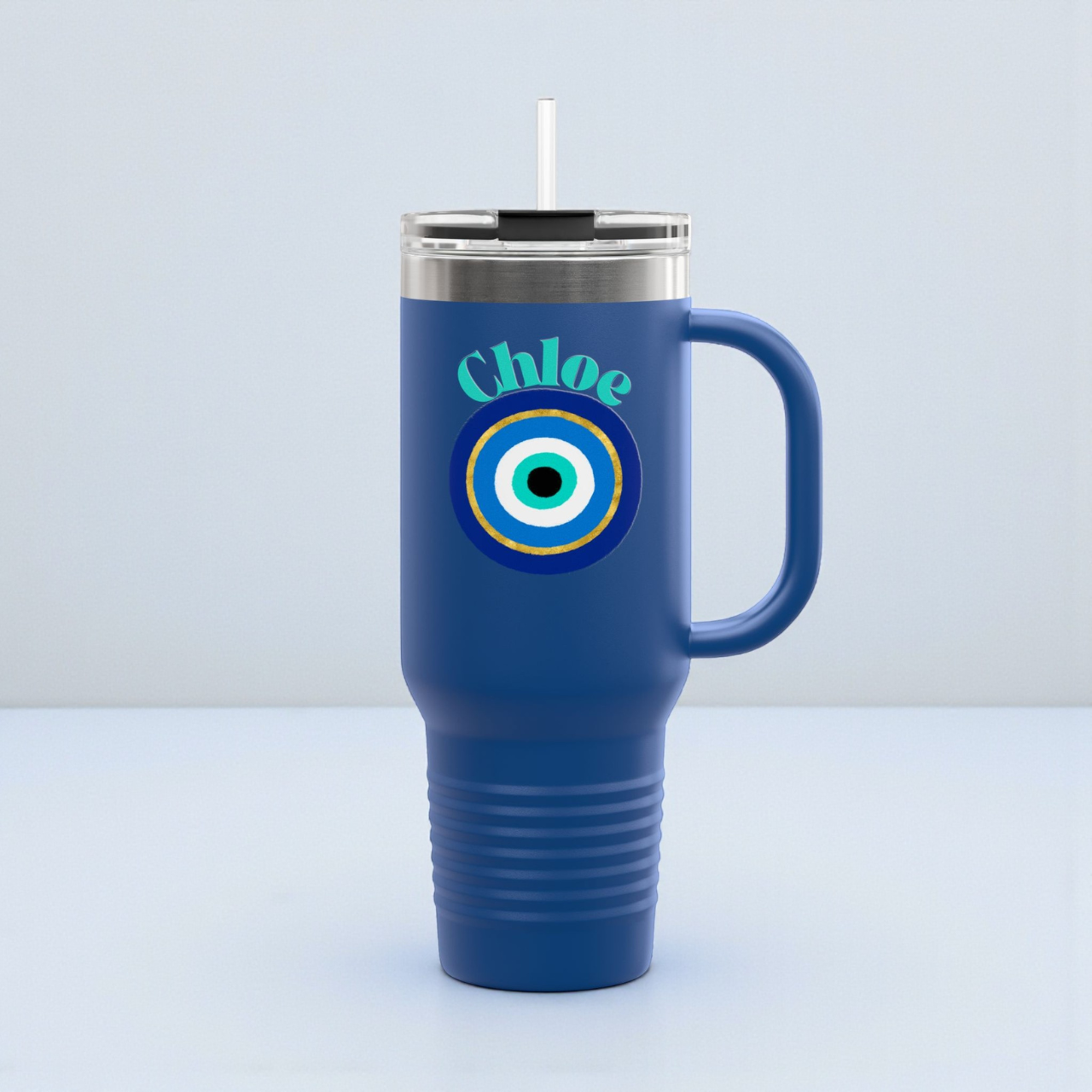 Personalized Evil Eye Tumbler with Handle & Straw | Custom Name Protection Cup | 40oz Stainless Steel Travel Mug | Coastal Boho Drinkware product thumbnail image Personalized Evil Eye Tumbler with Handle & Straw | Custom Name Protection Cup | 40oz Stainless Steel Travel Mug | Coastal Boho Drinkware product thumbnail image