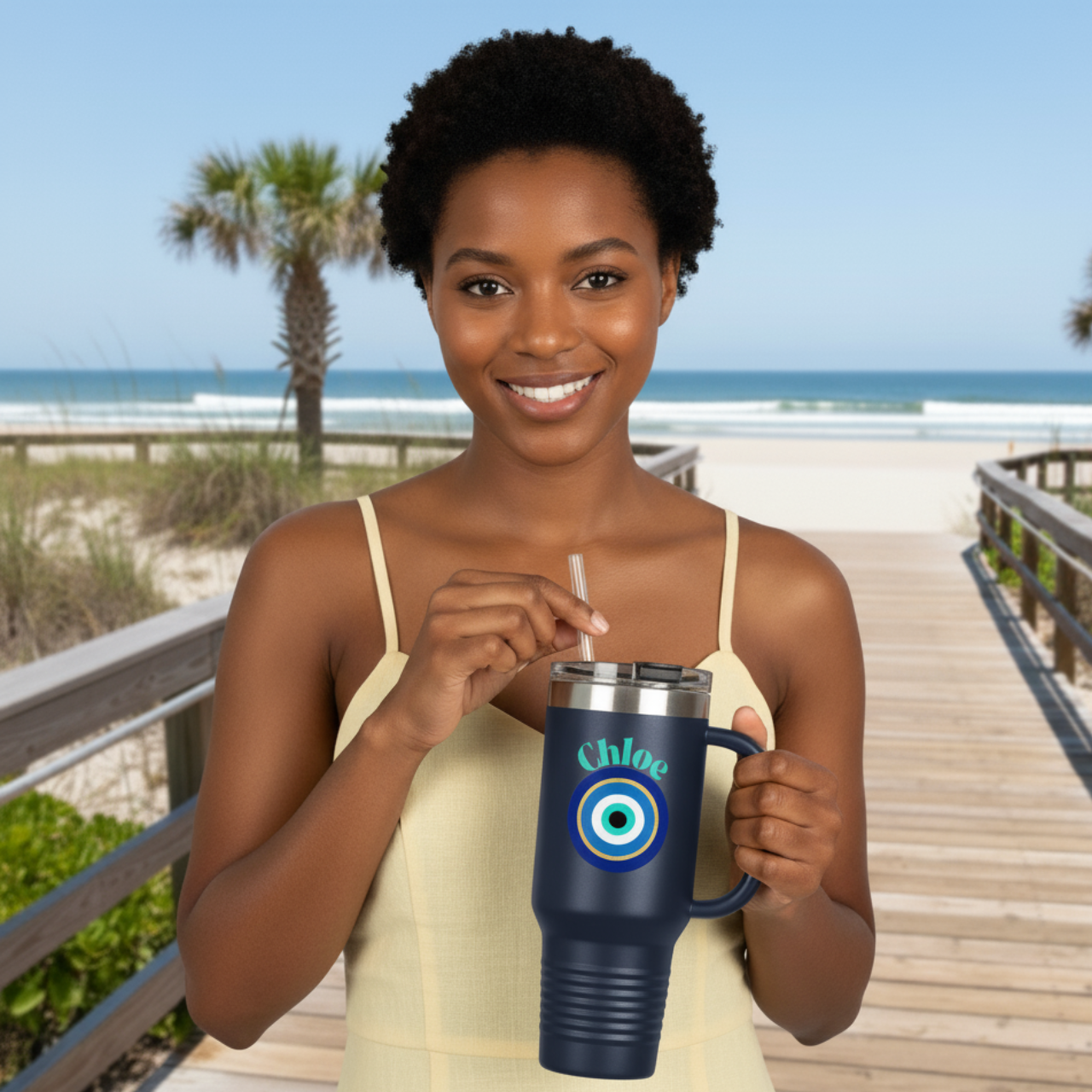 Personalized Evil Eye Tumbler with Handle & Straw | Custom Name Protection Cup | 40oz Stainless Steel Travel Mug | Coastal Boho Drinkware product thumbnail image Personalized Evil Eye Tumbler with Handle & Straw | Custom Name Protection Cup | 40oz Stainless Steel Travel Mug | Coastal Boho Drinkware product thumbnail image