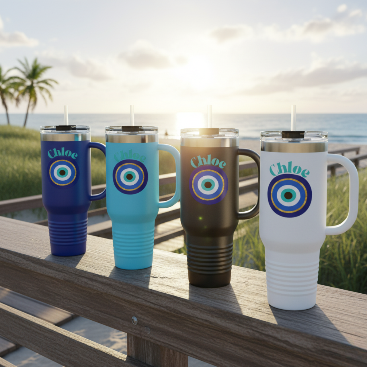 Personalized Evil Eye Tumbler with Handle & Straw | Custom Name Protection Cup | 40oz Stainless Steel Travel Mug | Coastal Boho Drinkware product thumbnail image Personalized Evil Eye Tumbler with Handle & Straw | Custom Name Protection Cup | 40oz Stainless Steel Travel Mug | Coastal Boho Drinkware product thumbnail image