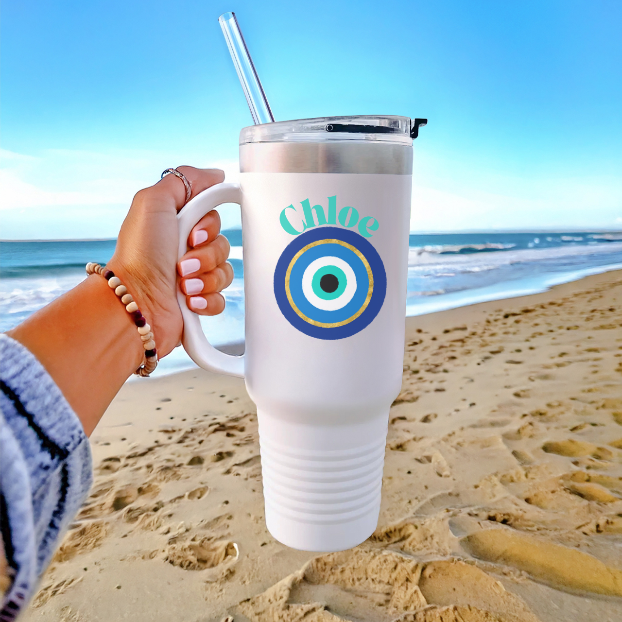 Personalized Evil Eye Tumbler with Handle & Straw | Custom Name Protection Cup | 40oz Stainless Steel Travel Mug | Coastal Boho Drinkware product thumbnail image Personalized Evil Eye Tumbler with Handle & Straw | Custom Name Protection Cup | 40oz Stainless Steel Travel Mug | Coastal Boho Drinkware product thumbnail image