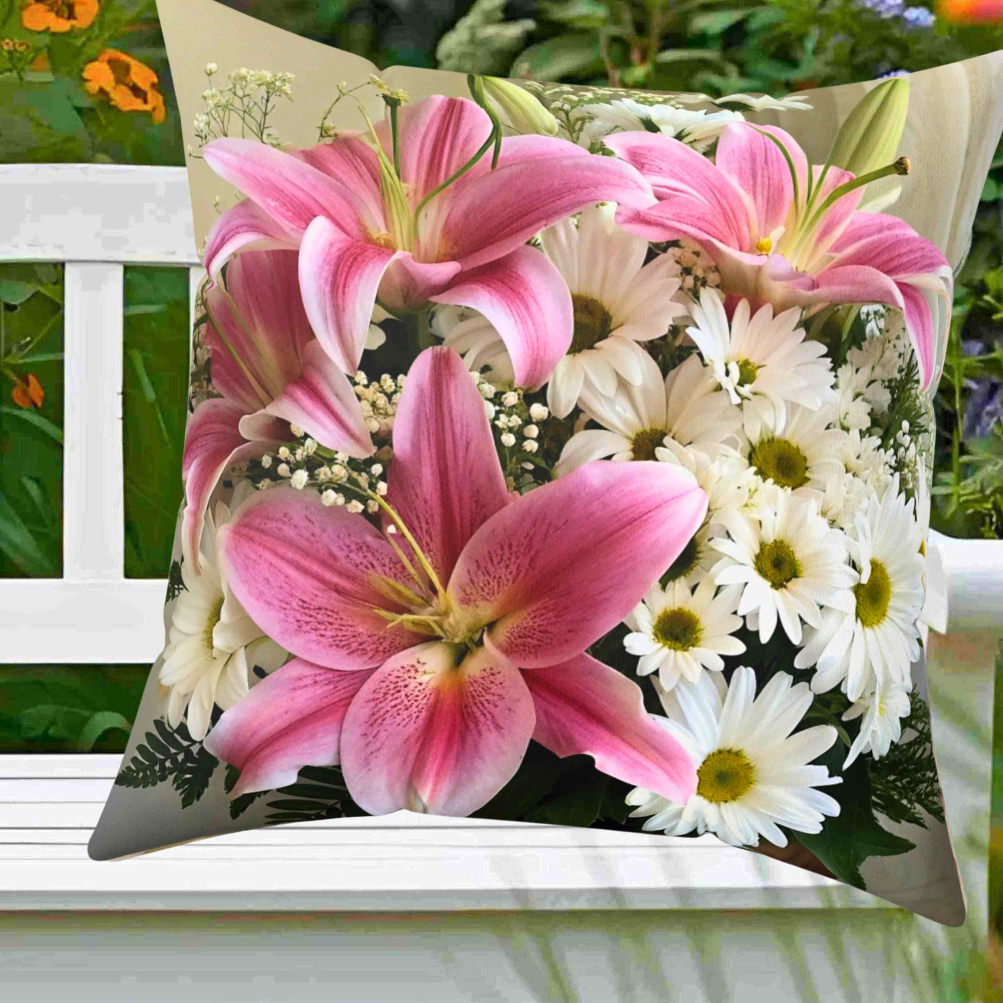 Pink Stargazers and Daisys Decorative Pillow — Square Polyester Throw Cushion product thumbnail image