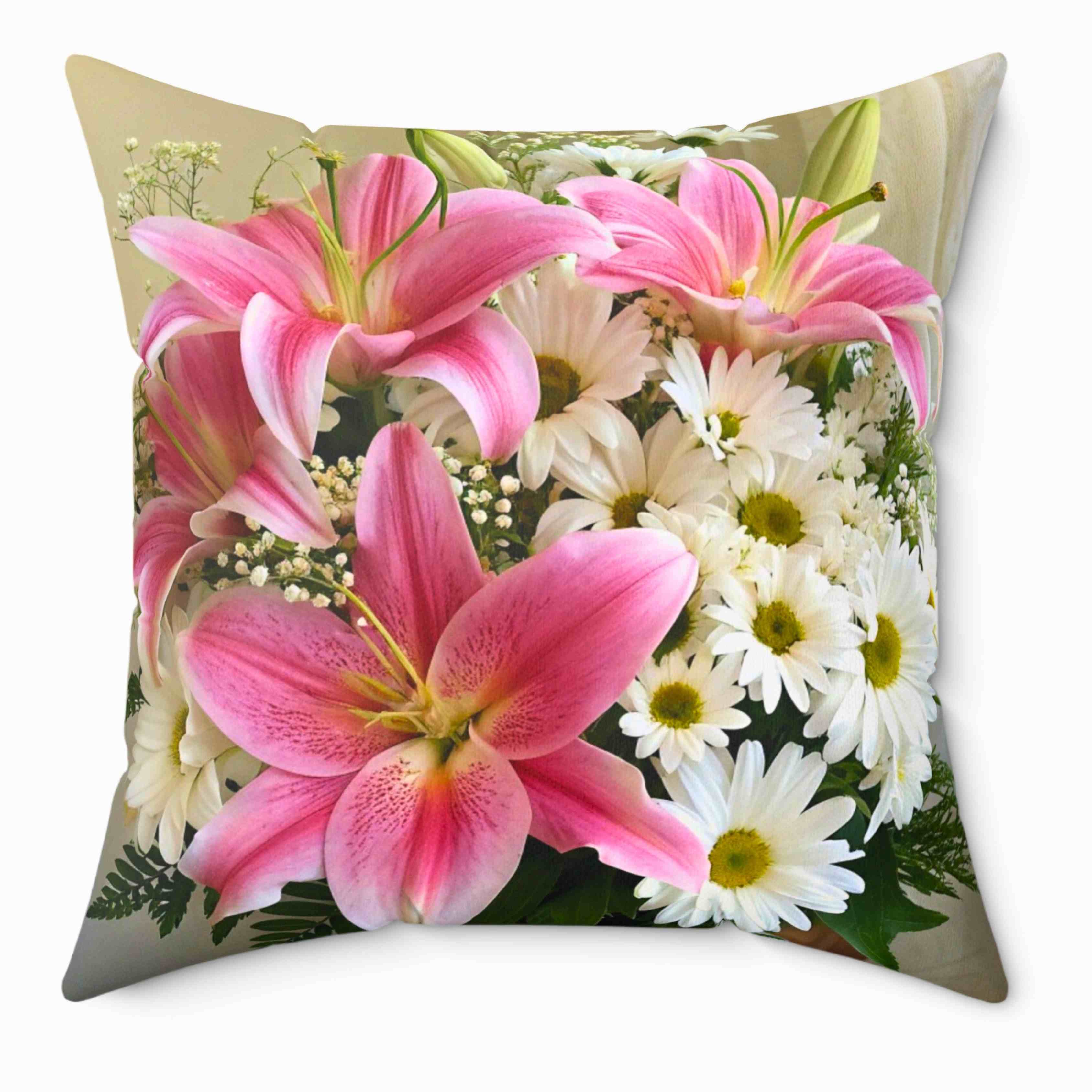 Pink Stargazers and Daisys Decorative Pillow — Square Polyester Throw Cushion product thumbnail image