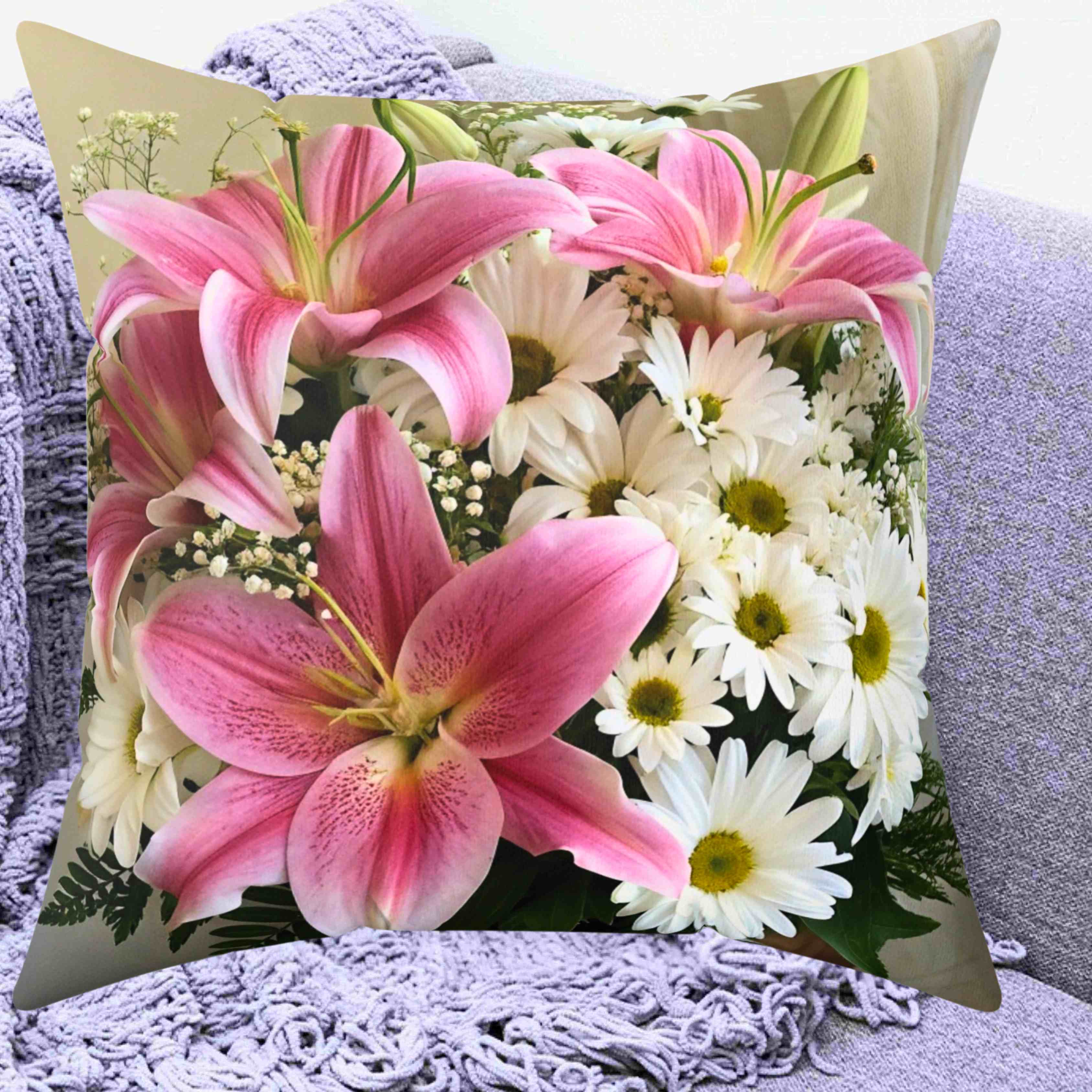 Pink Stargazers and Daisys Decorative Pillow — Square Polyester Throw Cushion product thumbnail image