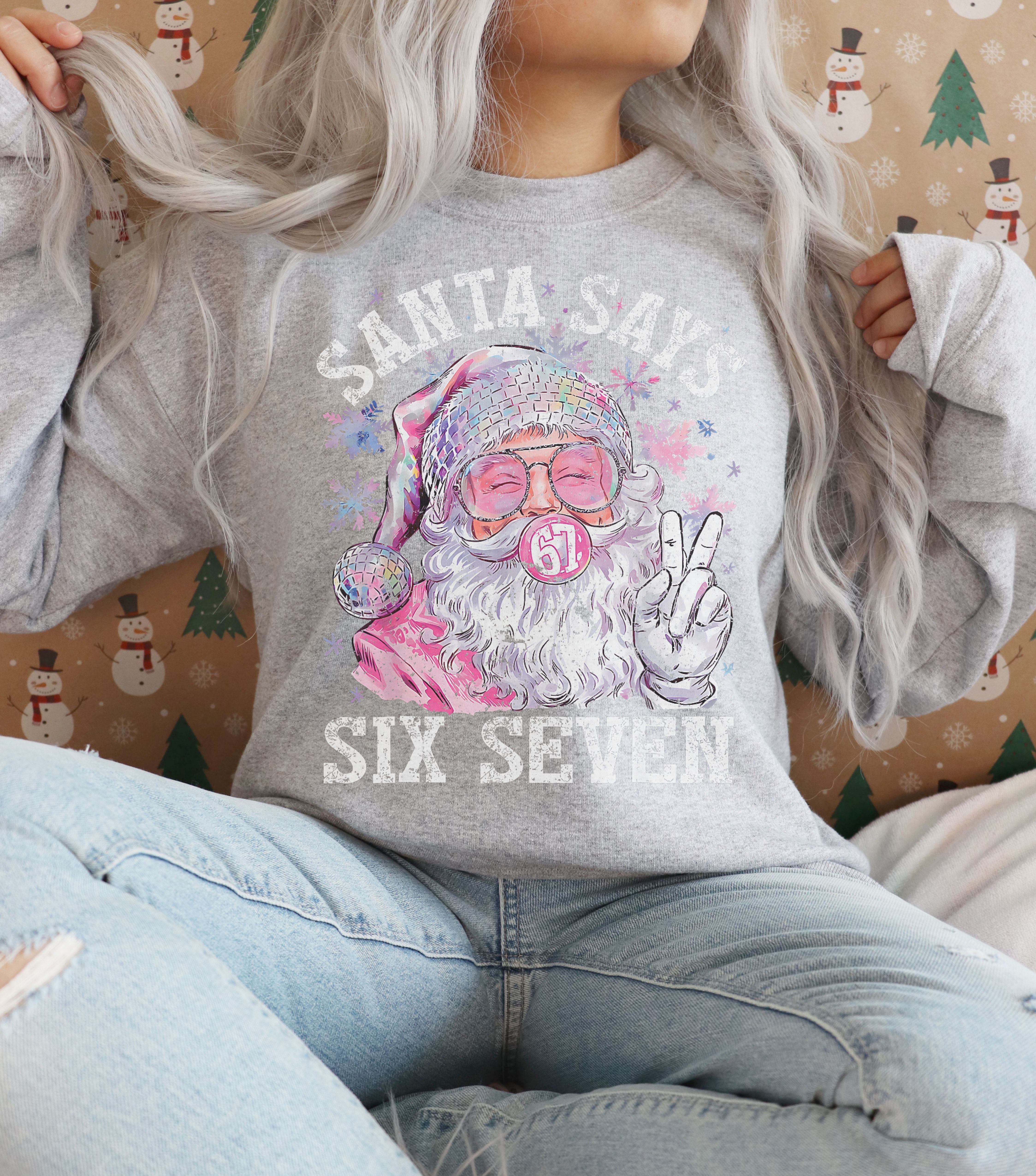 Santa Says Six Seven Crewneck Sweatshirt — Retro Peace Sign Christmas Sweatshirt product thumbnail image