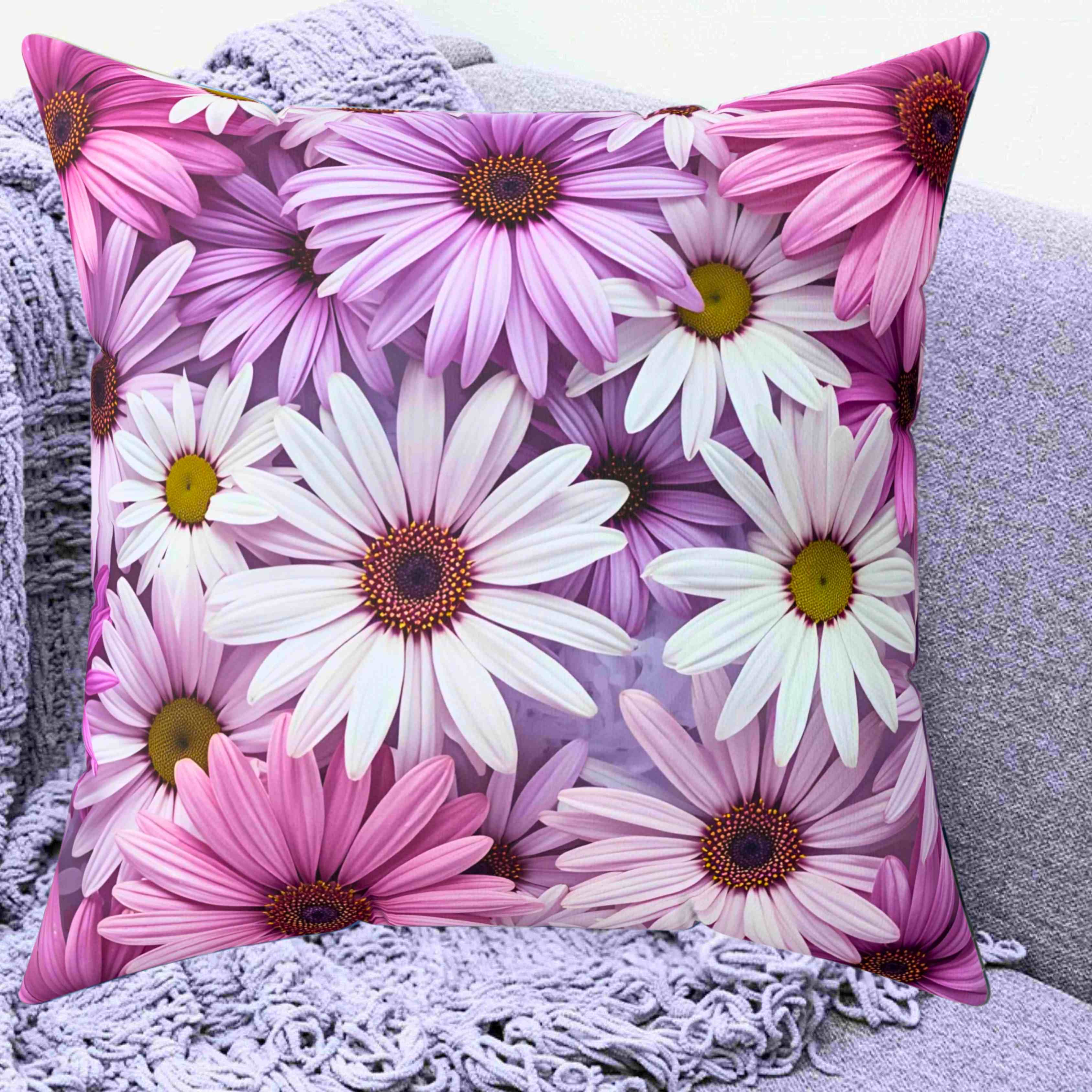 Pink &amp; Lavender Daisy Floral Throw Pillow — Decorative Square Cushion product thumbnail image