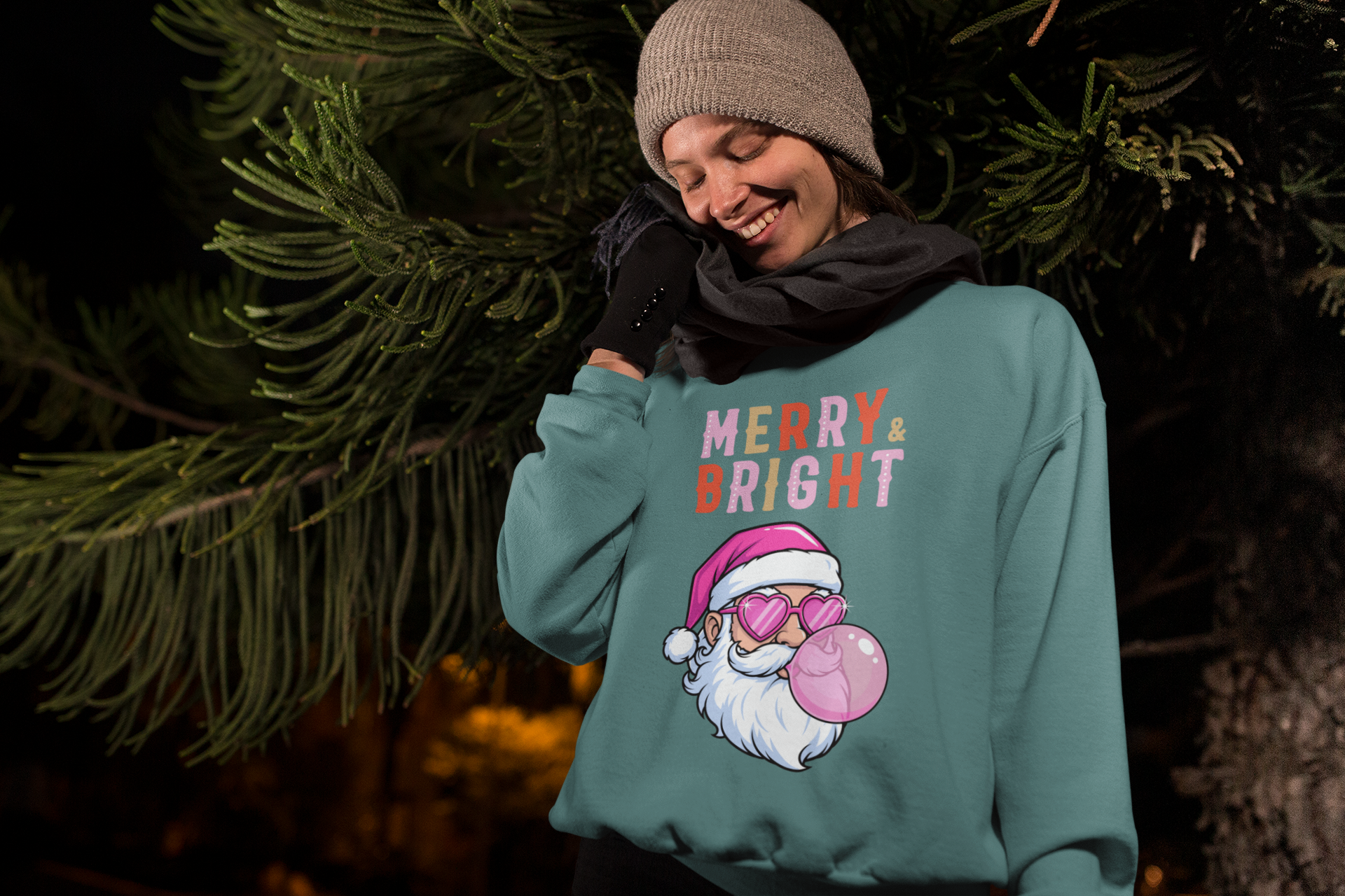 Crewneck Sweatshirt — 'Merry &amp; Bright' Pink Santa Bubblegum Holiday Pullover product thumbnail image