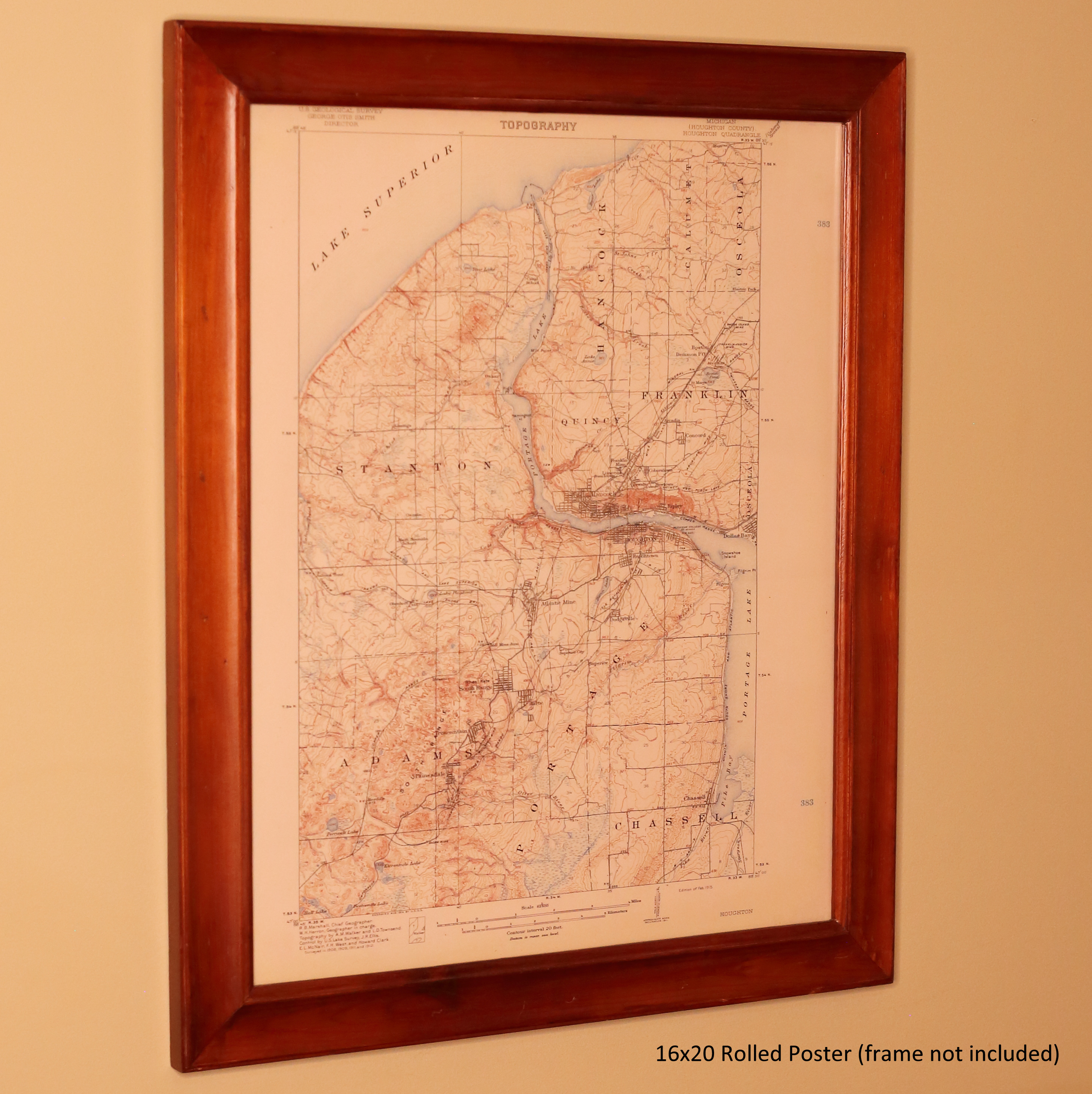 Vintage Map 1915 Houghton Mi Quadrangle USGS Topographic | 16x20 inch Rolled Poster (frame not included) | Wall Art, Nostalgic Decor
