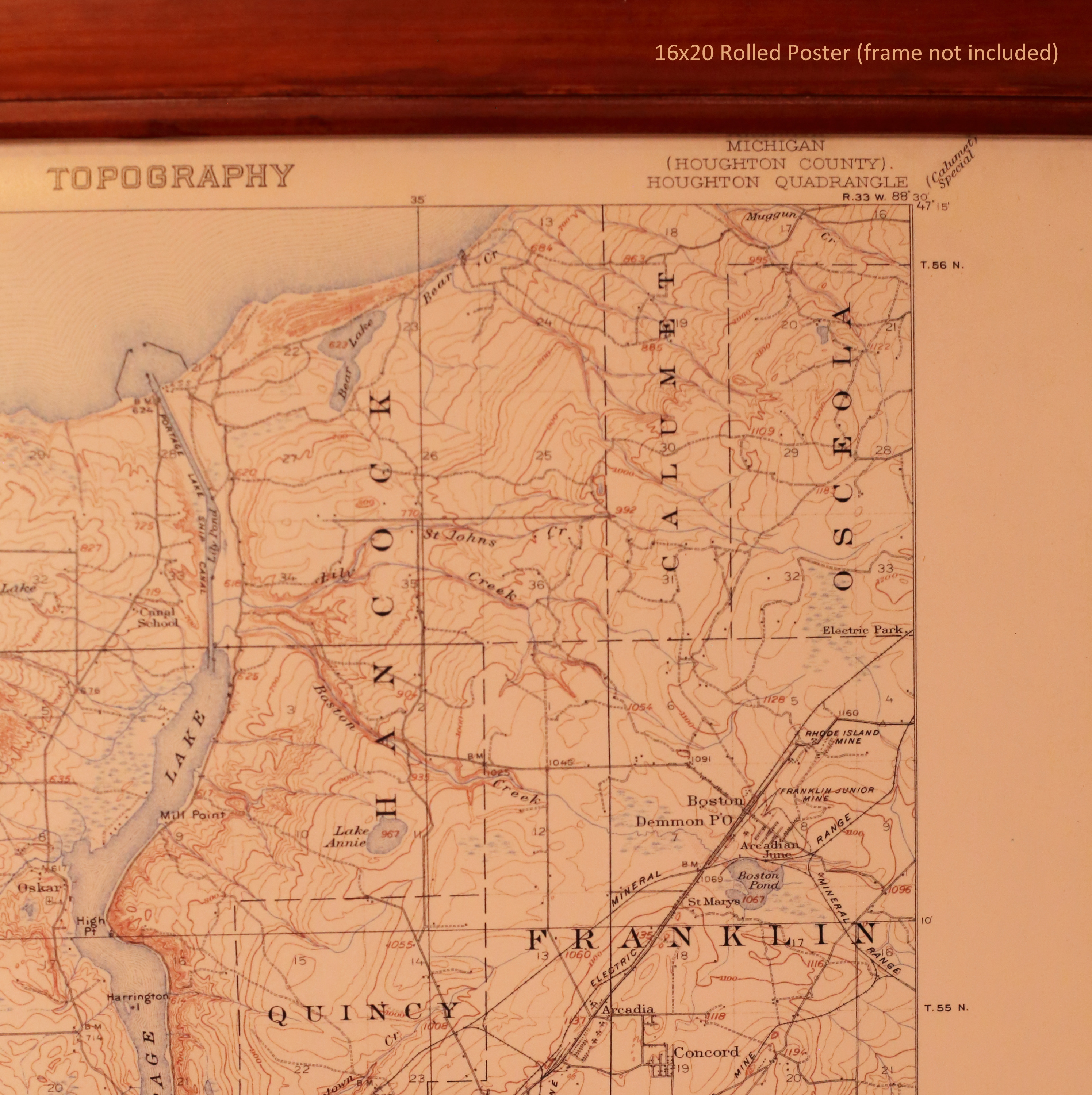 Vintage Map 1915 Houghton Mi Quadrangle USGS Topographic | 16x20 inch Rolled Poster (frame not included) | Wall Art, Nostalgic Decor product thumbnail image