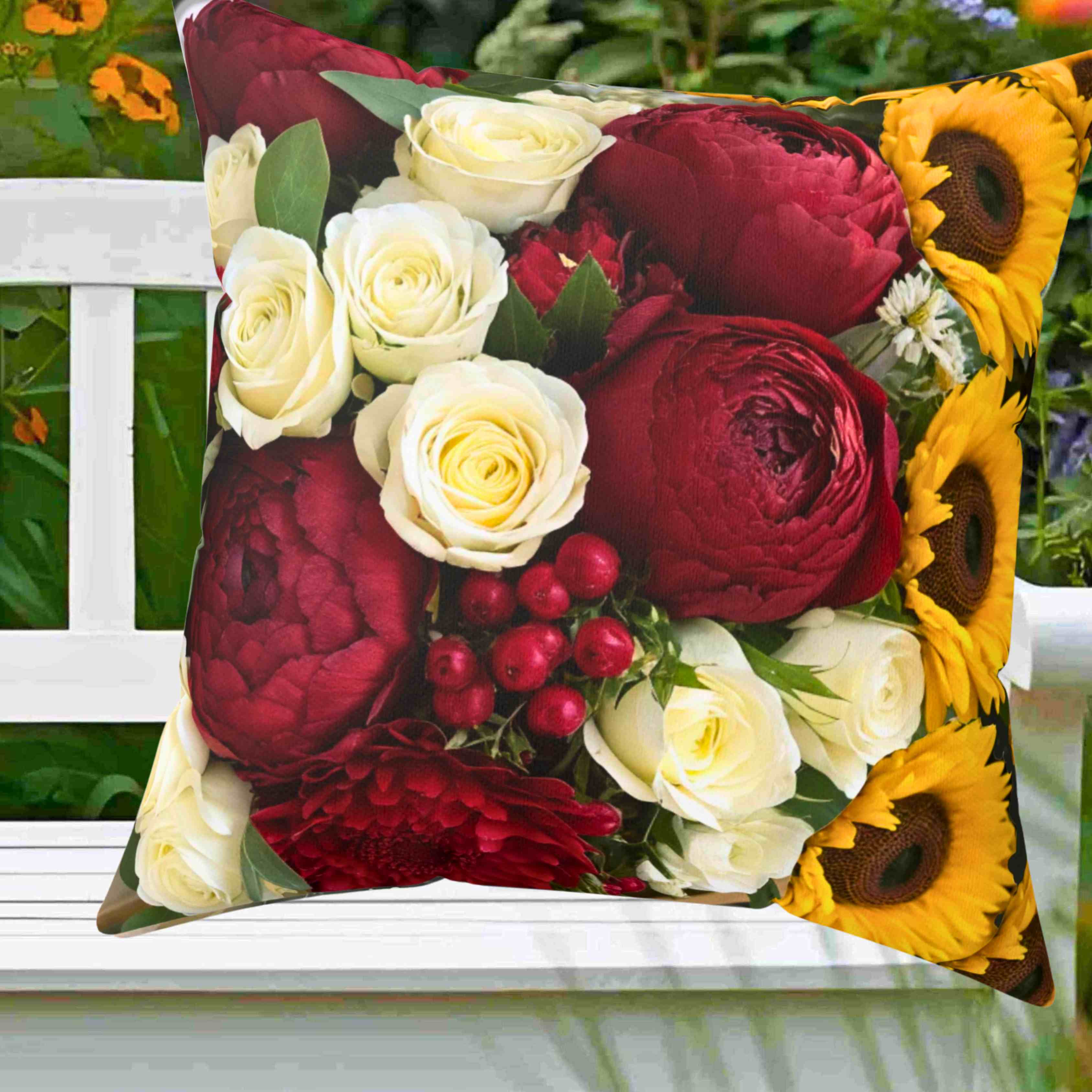 Red and White Rose Bouquet Pillow | Floral Decorative Pillow product thumbnail image