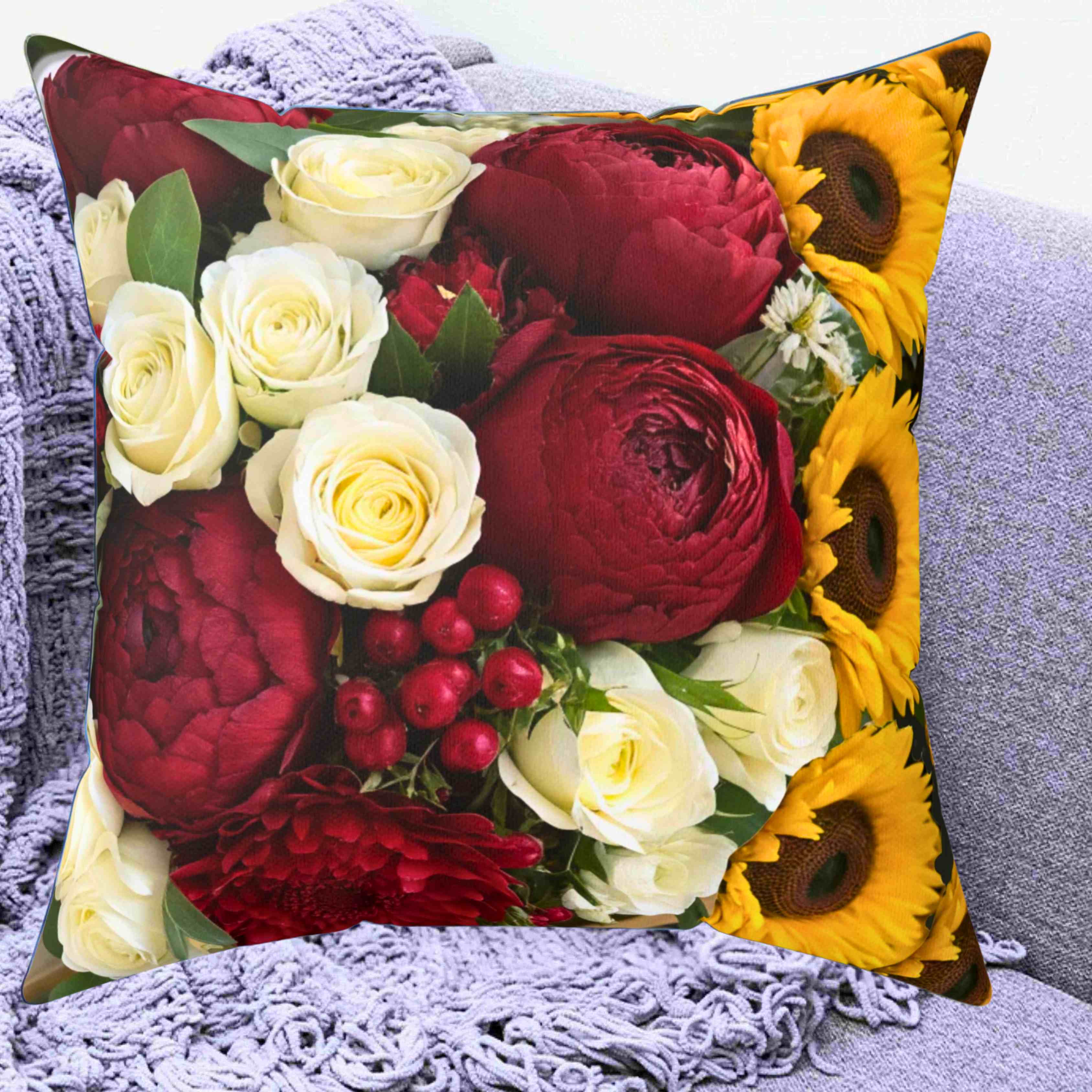 Red and White Rose Bouquet Pillow | Floral Decorative Pillow