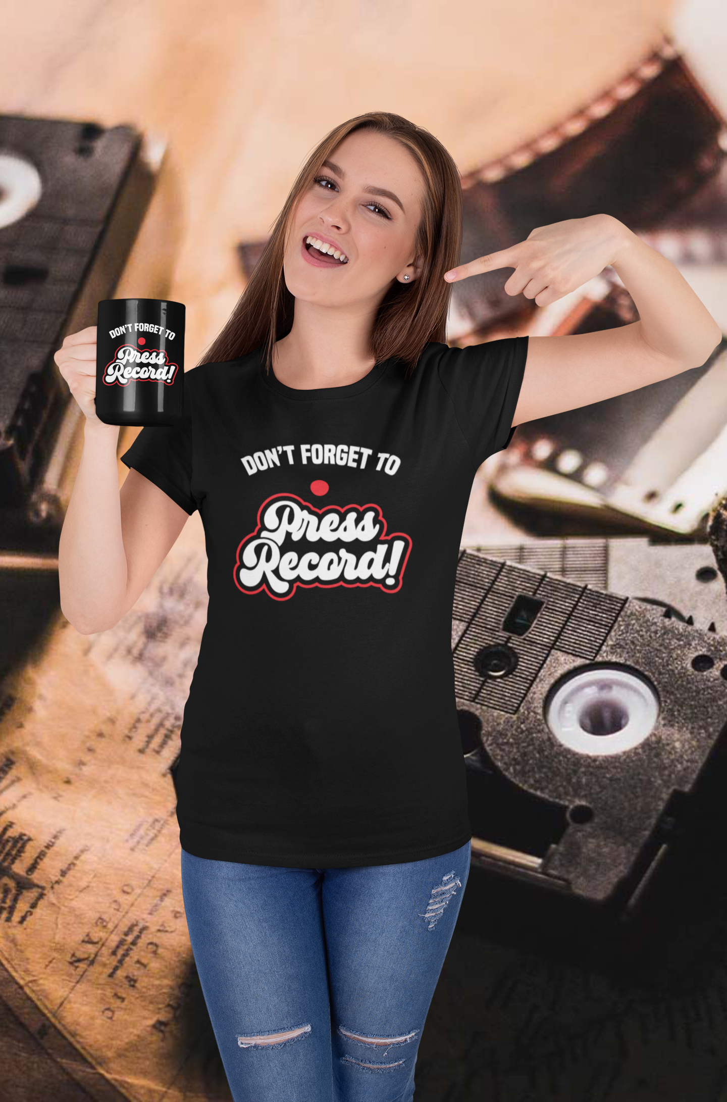 Don't Forget to Press Record Black Mug, 15oz product thumbnail image Don't Forget to Press Record Black Mug, 15oz product thumbnail image