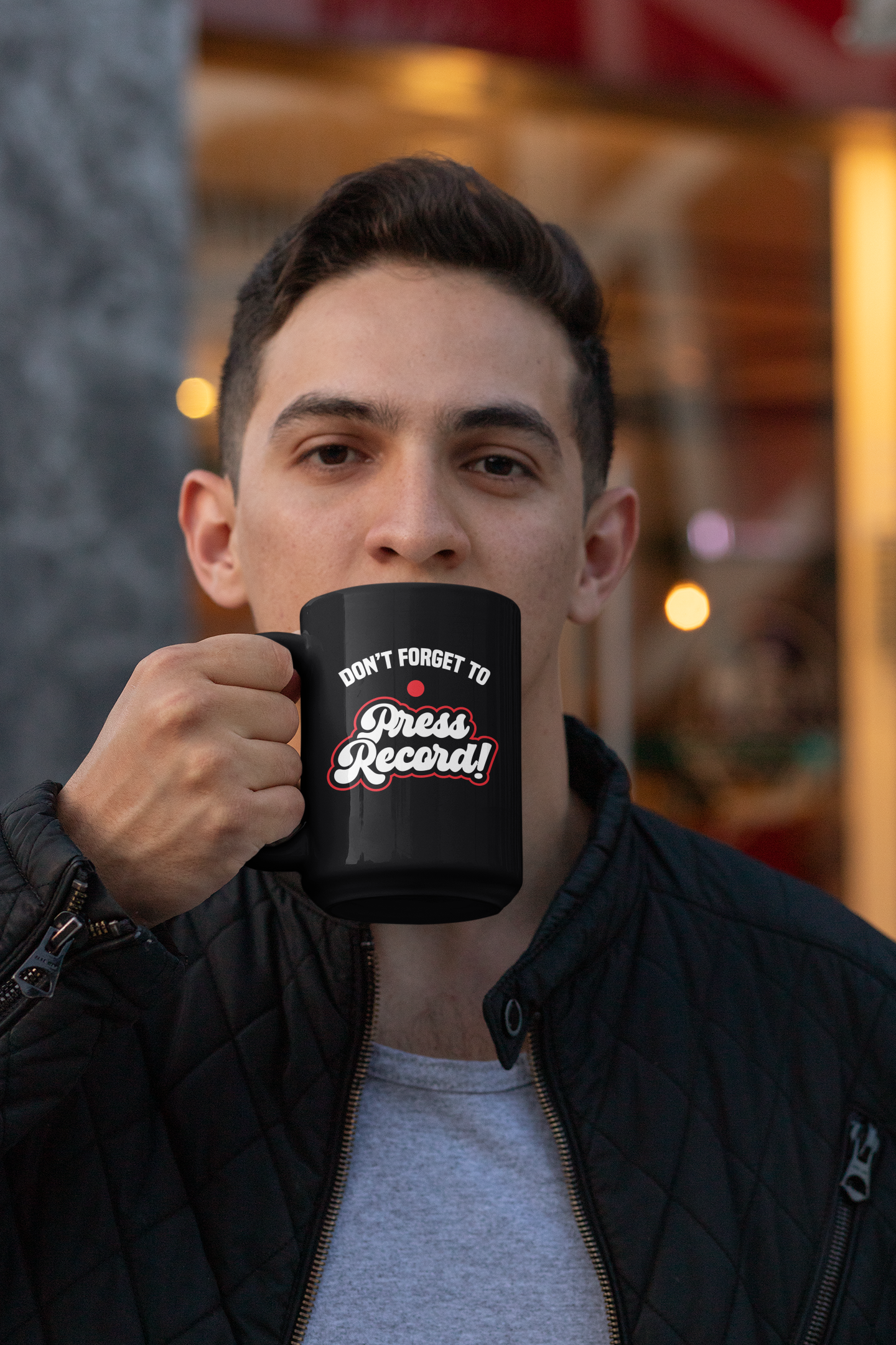 Don't Forget to Press Record Black Mug, 15oz product thumbnail image