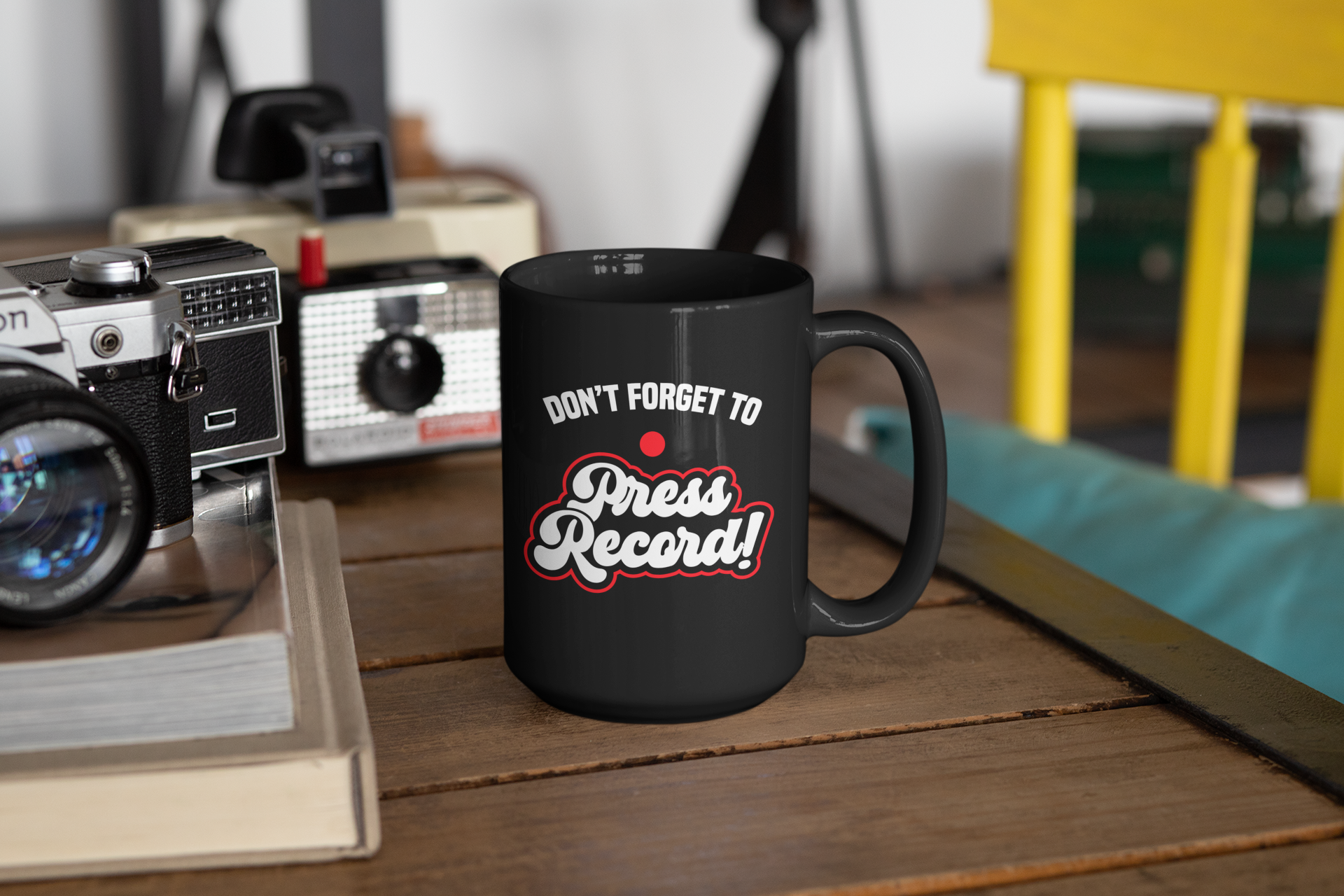 Don't Forget to Press Record Black Mug, 15oz product thumbnail image