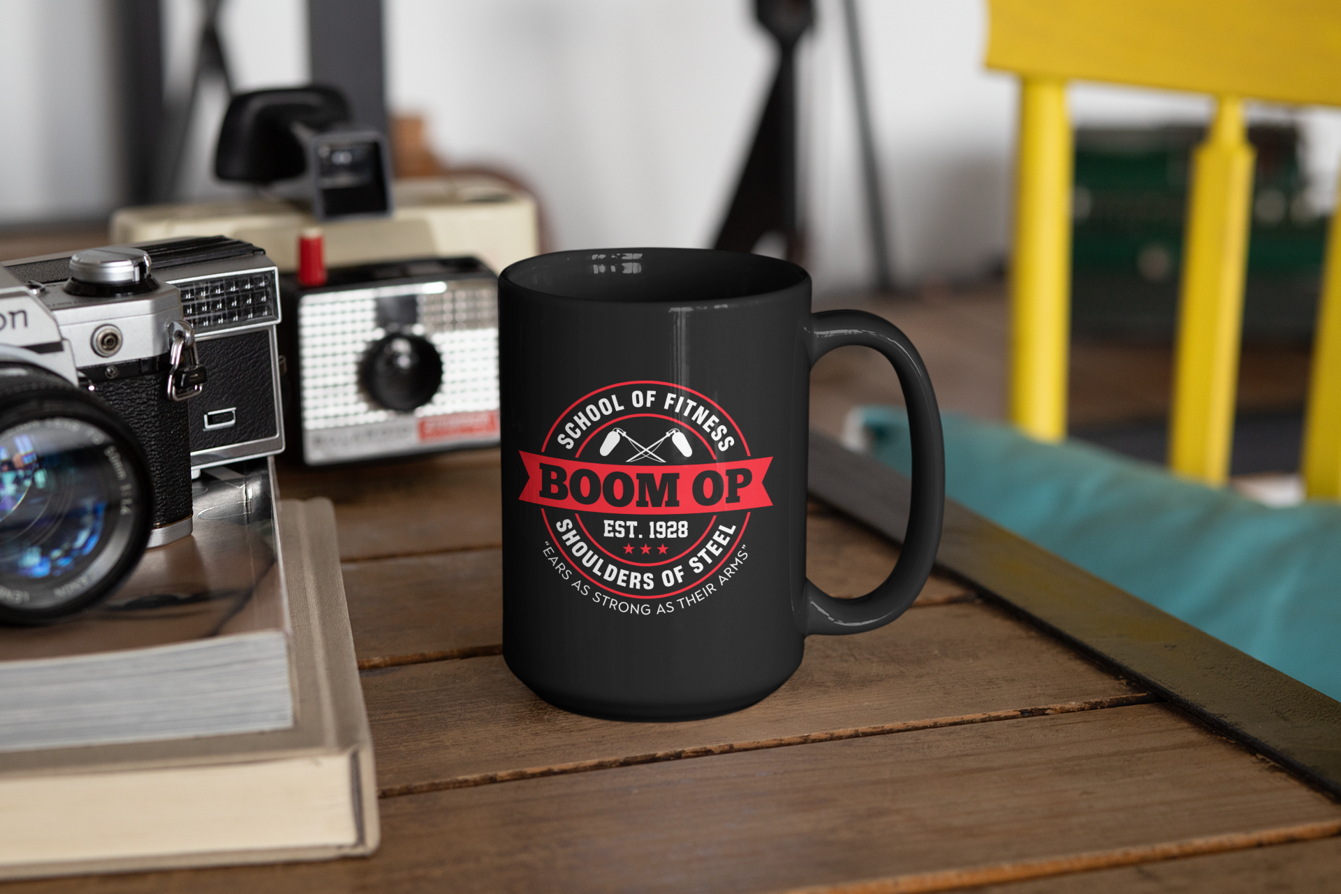 Boom Op School of Fitness Black Mug, 15oz