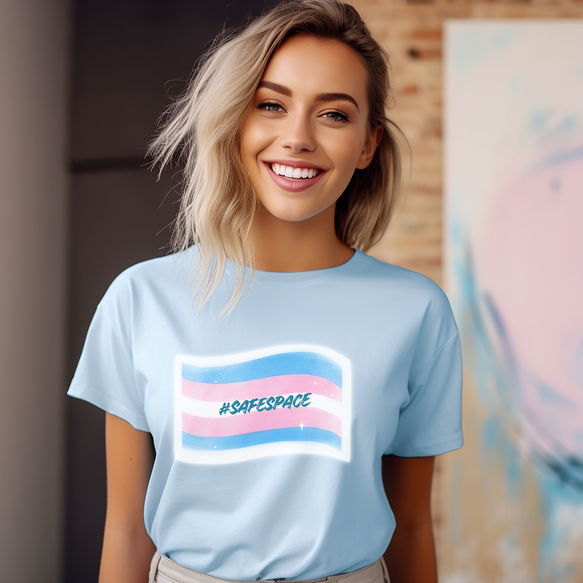 Trans Pride “#SafeSpace” Tee — Soft, Vibrant, and Affirming, Unisex Softstyle T-Shirt product thumbnail image