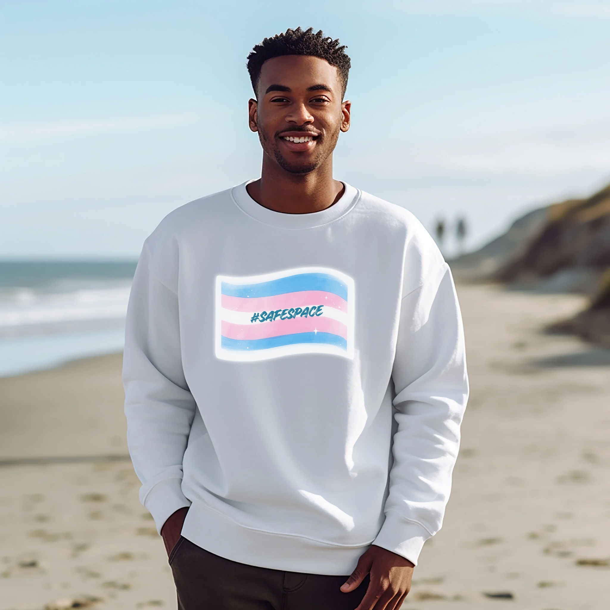 #SafeSpace” Trans Pride Crewneck — Gildan 18000, Unisex Heavy Blend™ Crewneck Sweatshirt product thumbnail image