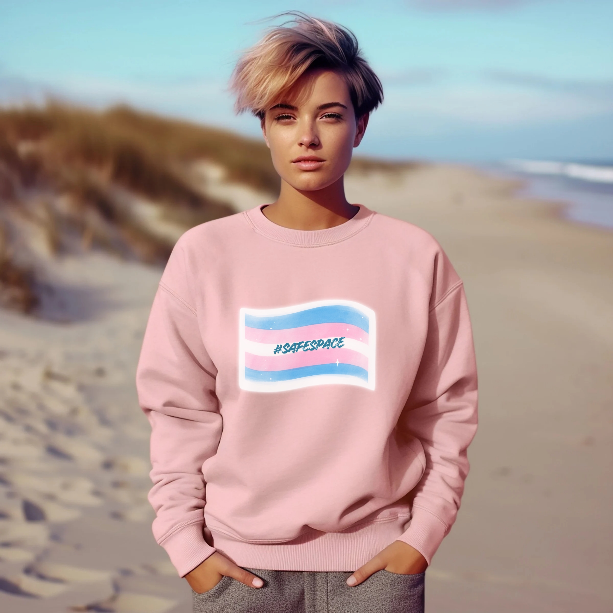 #SafeSpace” Trans Pride Crewneck — Gildan 18000, Unisex Heavy Blend™ Crewneck Sweatshirt product thumbnail image #SafeSpace” Trans Pride Crewneck — Gildan 18000, Unisex Heavy Blend™ Crewneck Sweatshirt product thumbnail image