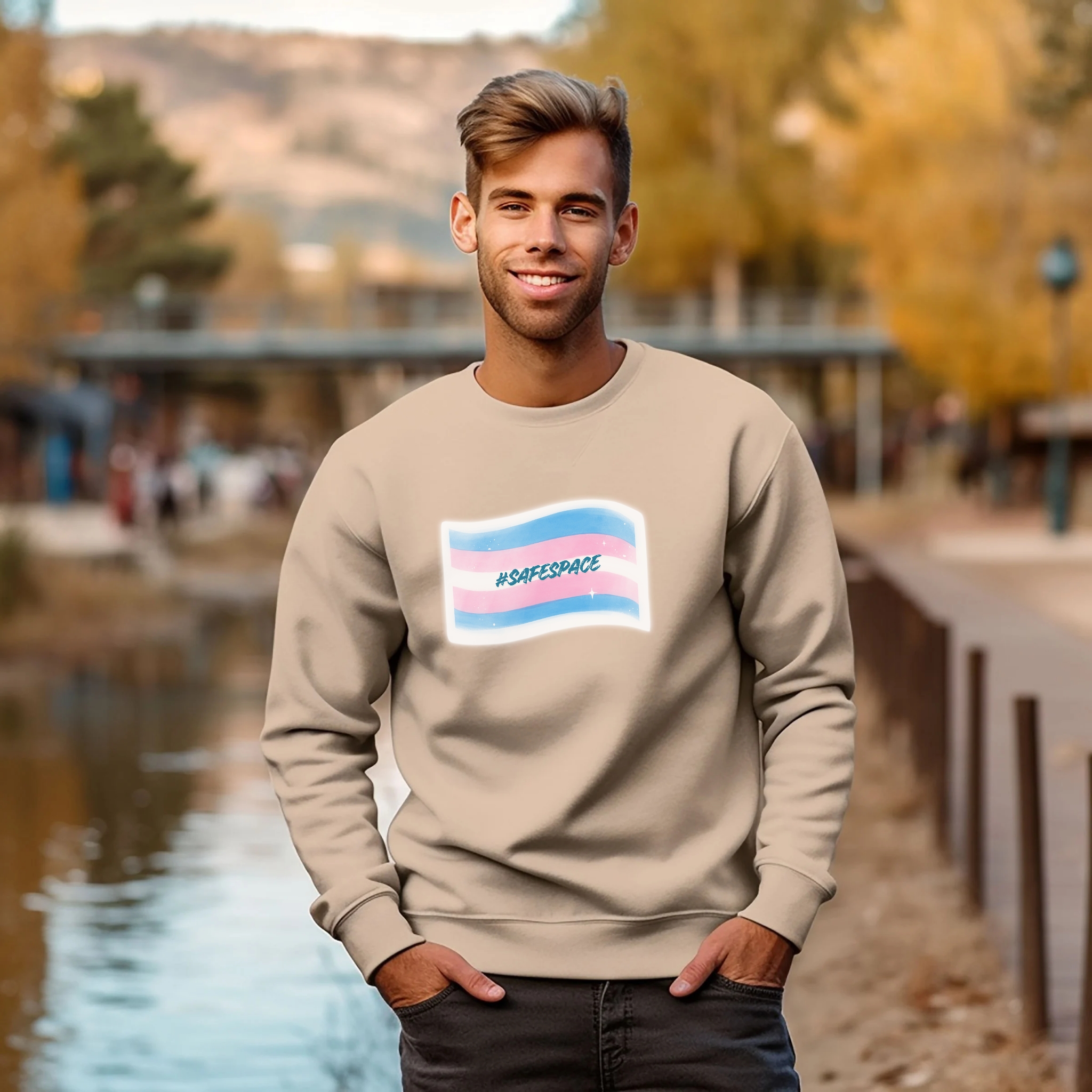 #SafeSpace” Trans Pride Crewneck — Gildan 18000, Unisex Heavy Blend™ Crewneck Sweatshirt product thumbnail image