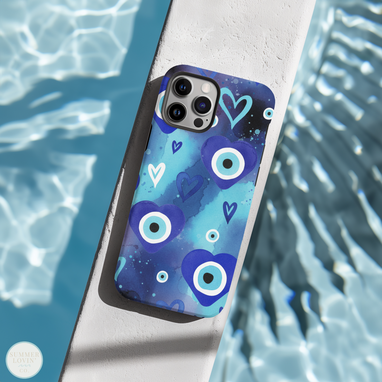 Blue Evil Eye Phone Case | Protective iPhone &amp; Samsung Case | Coastal Boho Watercolor Nazar Heart Design product thumbnail image