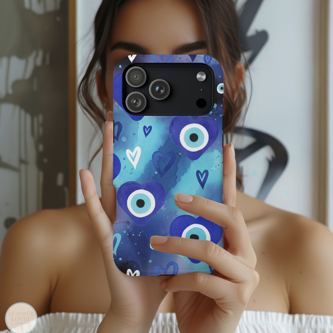 Blue Evil Eye Phone Case | Protective iPhone & Samsung Case | Coastal Boho Watercolor Nazar Heart Design product thumbnail image Blue Evil Eye Phone Case | Protective iPhone & Samsung Case | Coastal Boho Watercolor Nazar Heart Design product thumbnail image