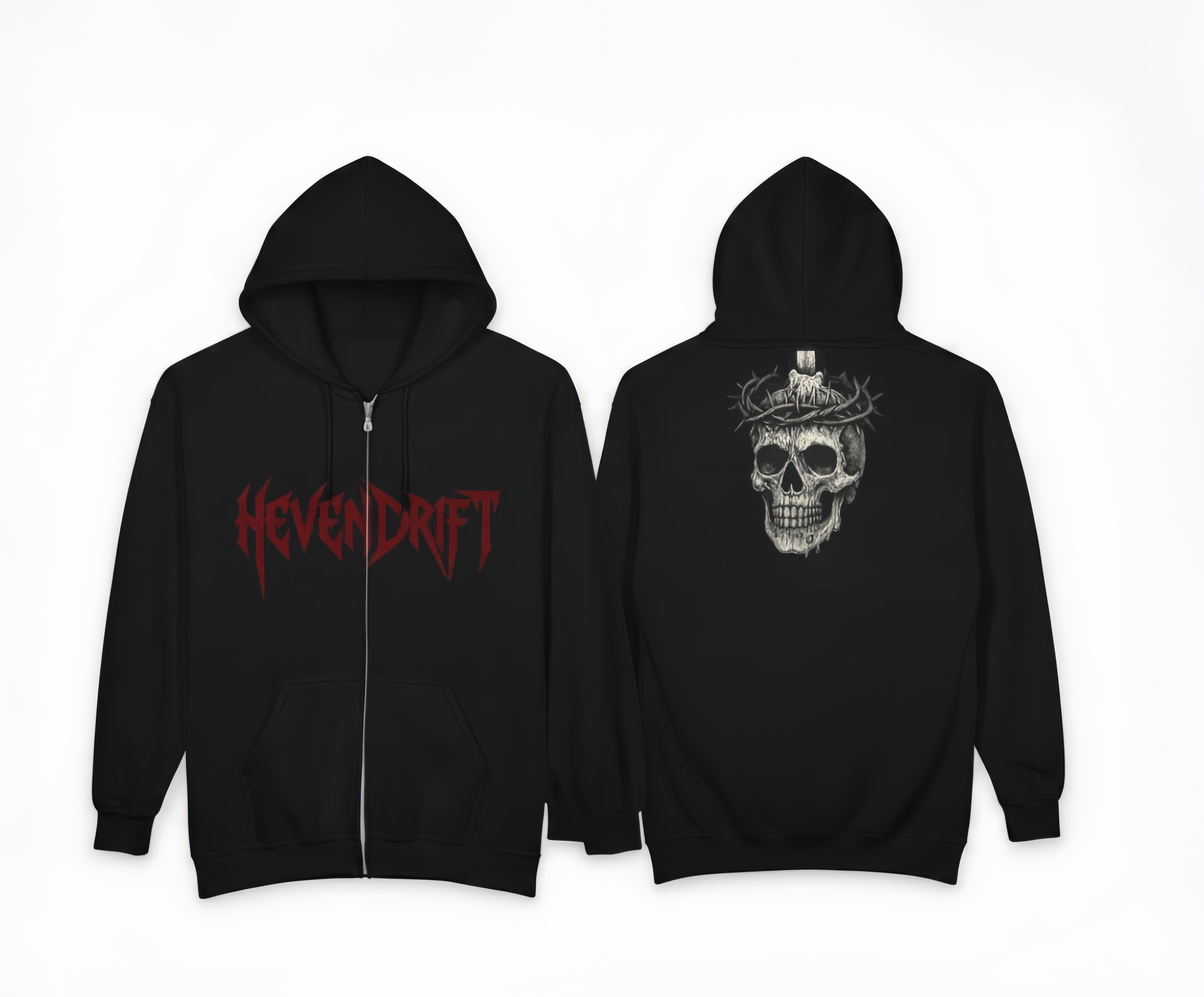 Hevendrift Zip Hoodie — Gothic Skull &amp; Crown of Thorns Heavy Zip-Up product thumbnail image