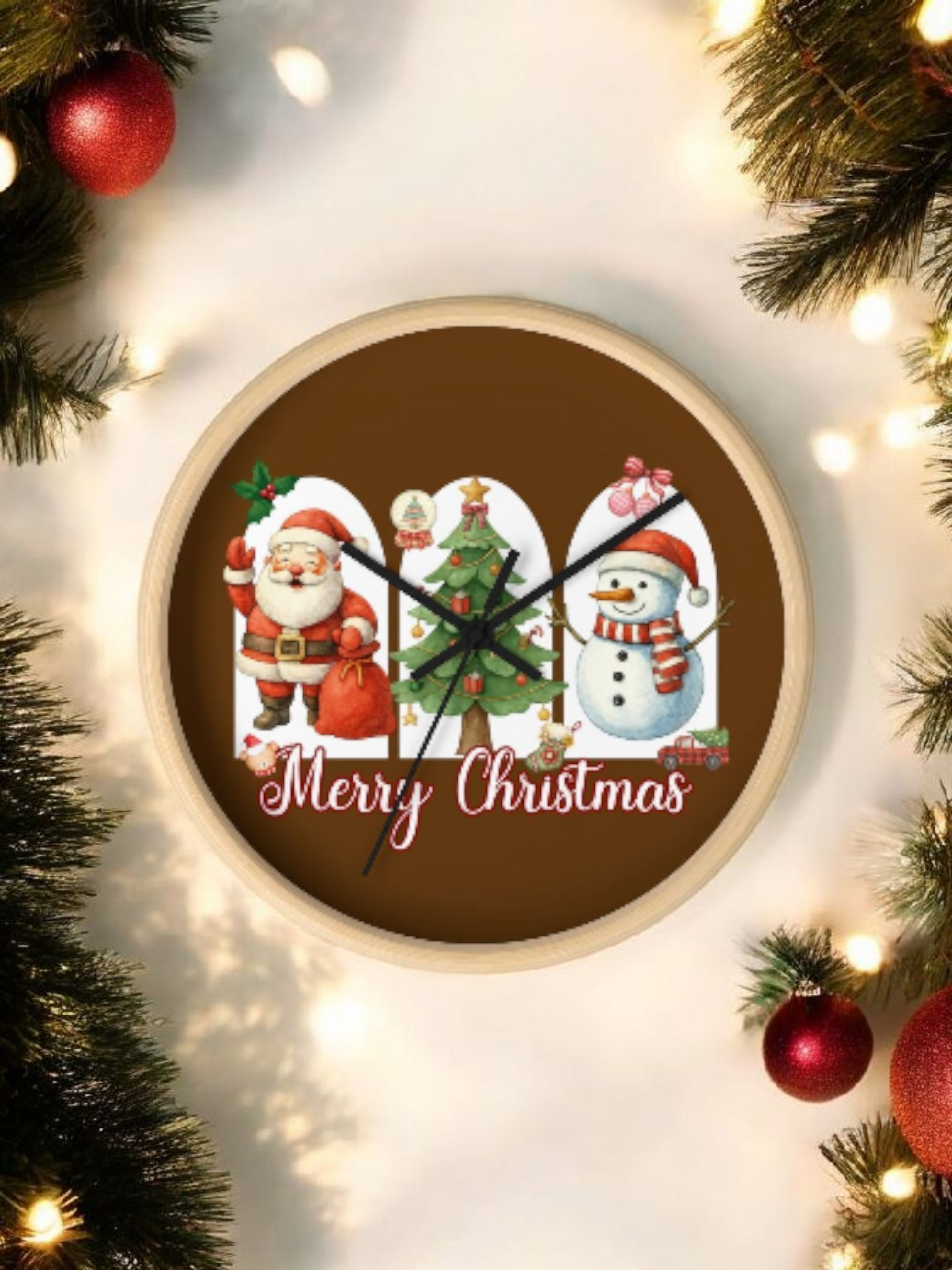 Wall Clock - Merry Christmas Santa, Tree &amp; Snowman Holiday Decor