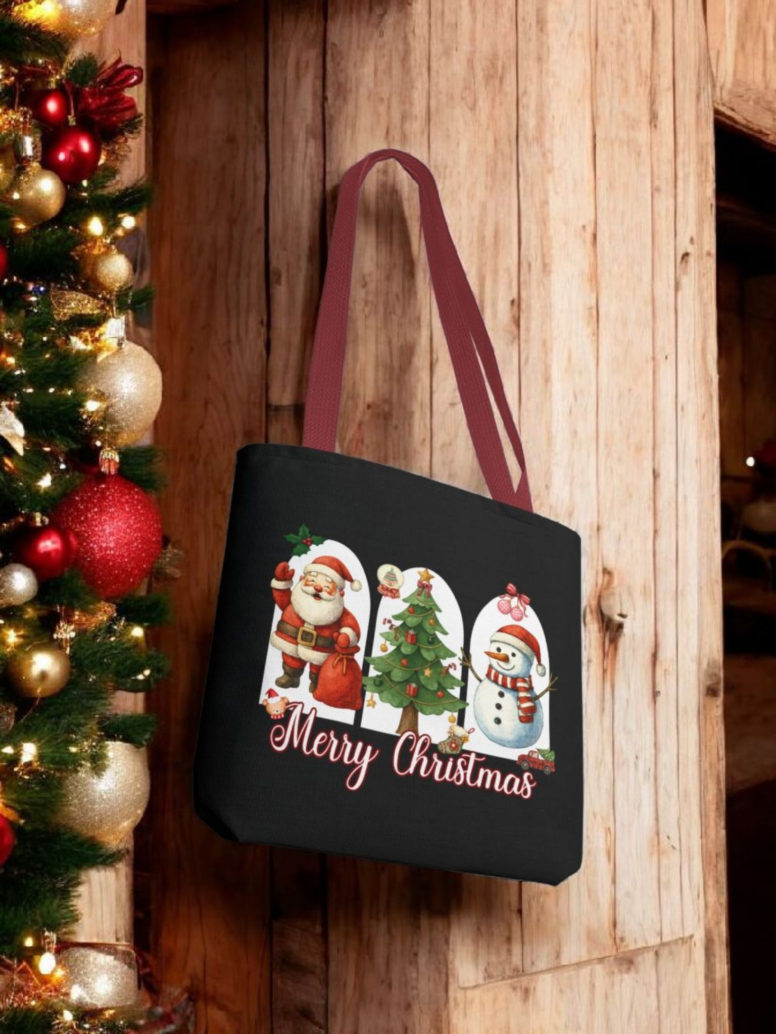 Christmas Tote Bag – Merry Christmas Santa, Tree &amp; Snowman Holiday Shopper product thumbnail image