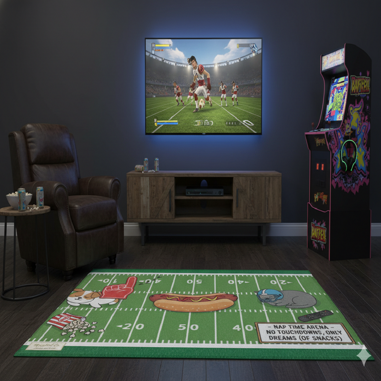 Football-themed Area Rug, Home Decor, Sports Living Room Mat, Game Day Decoration, Dog Lovers Gift