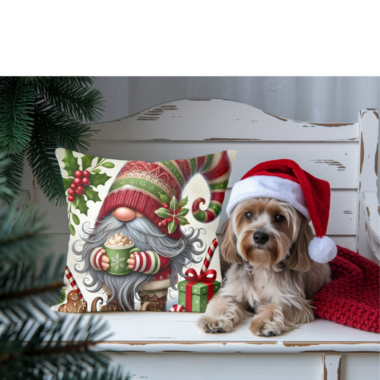 Christmas Gnome Pillow — Festive Holiday Throw Cushion with Gnome Holding Cocoa product thumbnail image