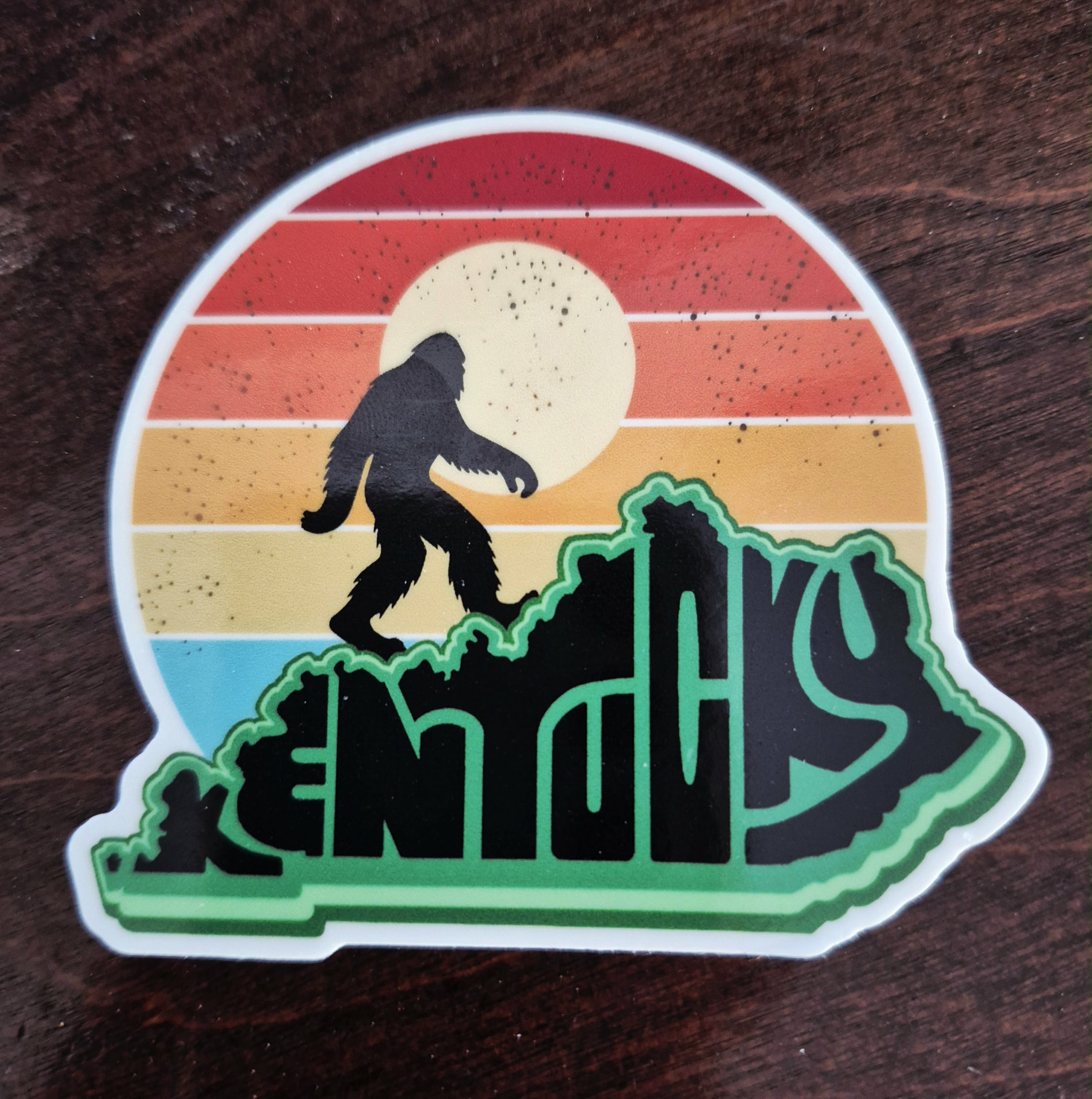 Bigfoot Retro Sunset Kiss-Cut Sticker — Sasquatch Kentucky Mountain Decal product thumbnail image