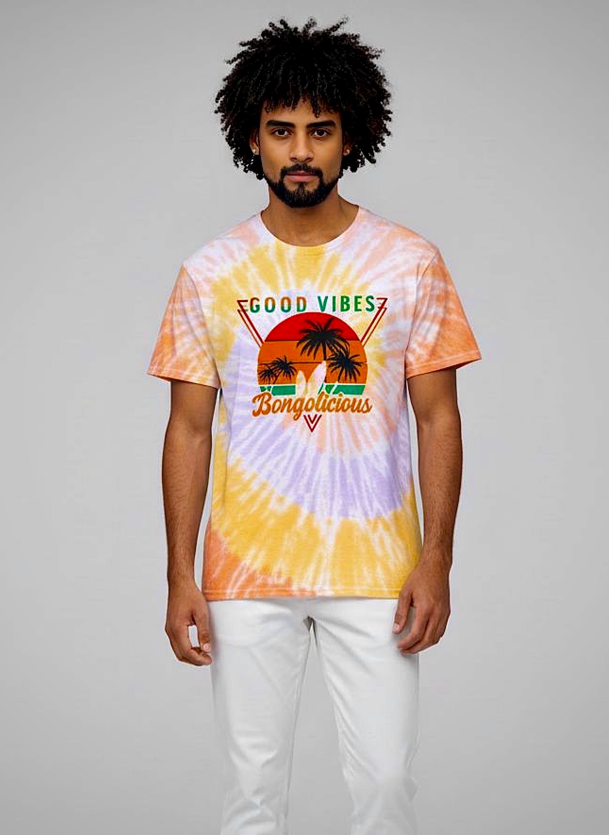 Good Vibes Bongolicious Tie-Dye Tee — Tropical Palm Sunset T-Shirt product thumbnail image
