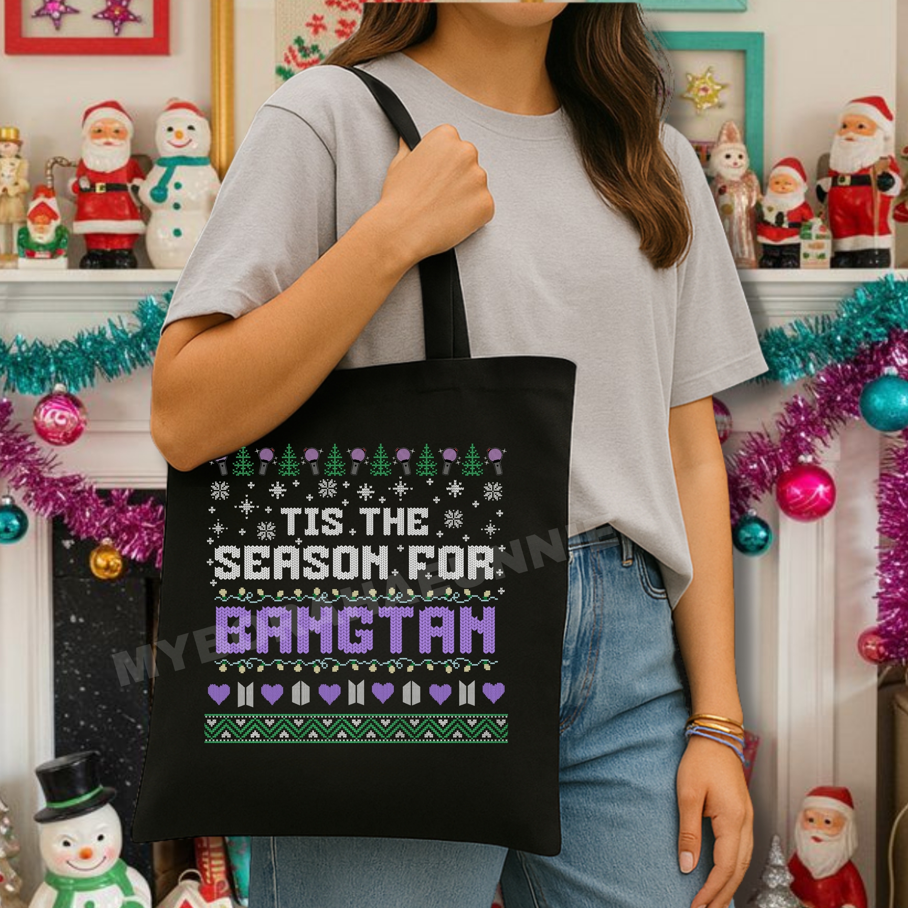 Bangtan Ugly Christmas Cotton Canvas Tote Bag, FAUX stitch product thumbnail image Bangtan Ugly Christmas Cotton Canvas Tote Bag, FAUX stitch product thumbnail image