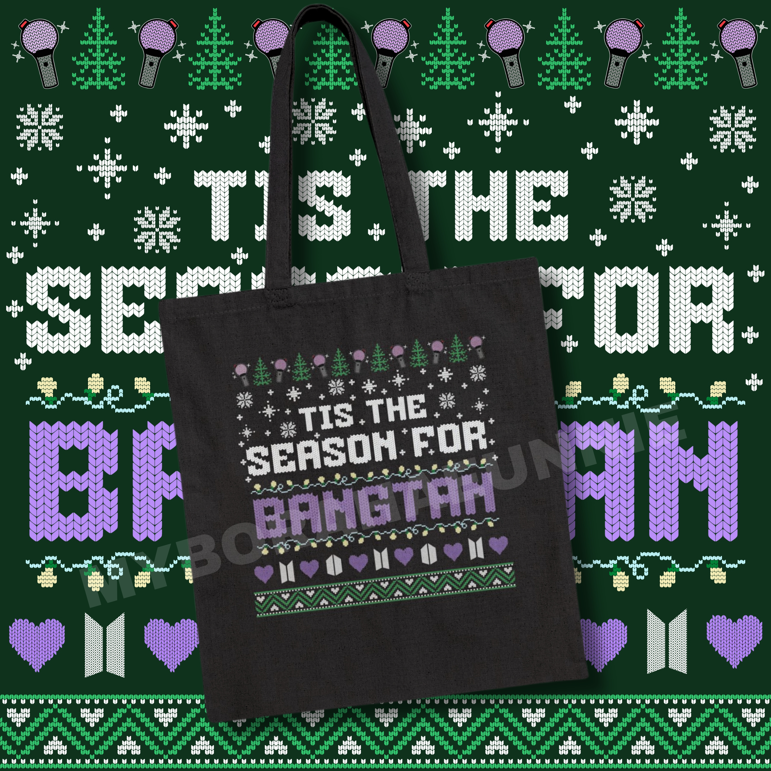 Bangtan Ugly Christmas Cotton Canvas Tote Bag, FAUX stitch product thumbnail image Bangtan Ugly Christmas Cotton Canvas Tote Bag, FAUX stitch product thumbnail image